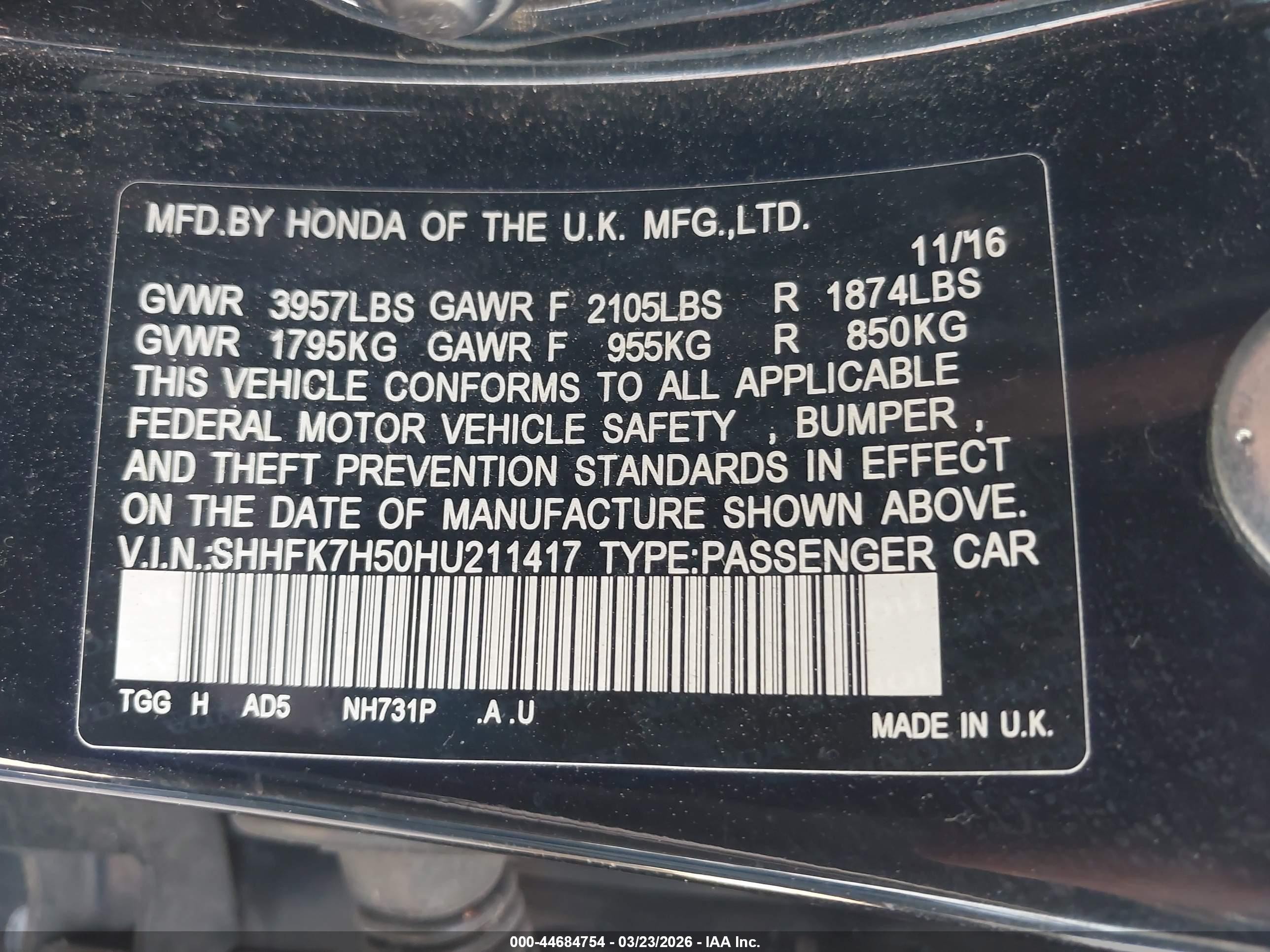 2017 Honda Civic Ex Black vin: SHHFK7H50HU211417