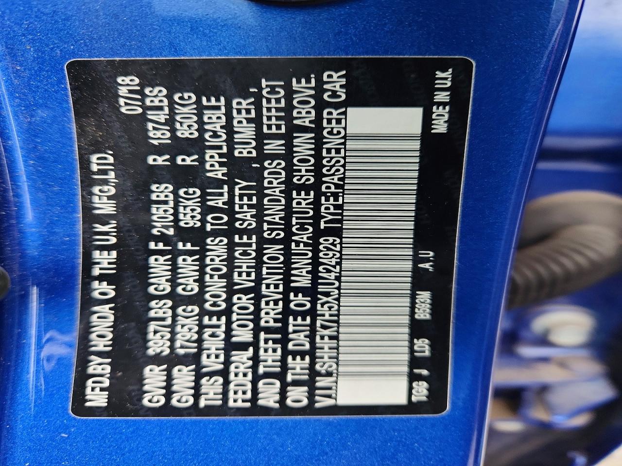 2018 Honda Civic Ex Blue vin: SHHFK7H5XJU424929