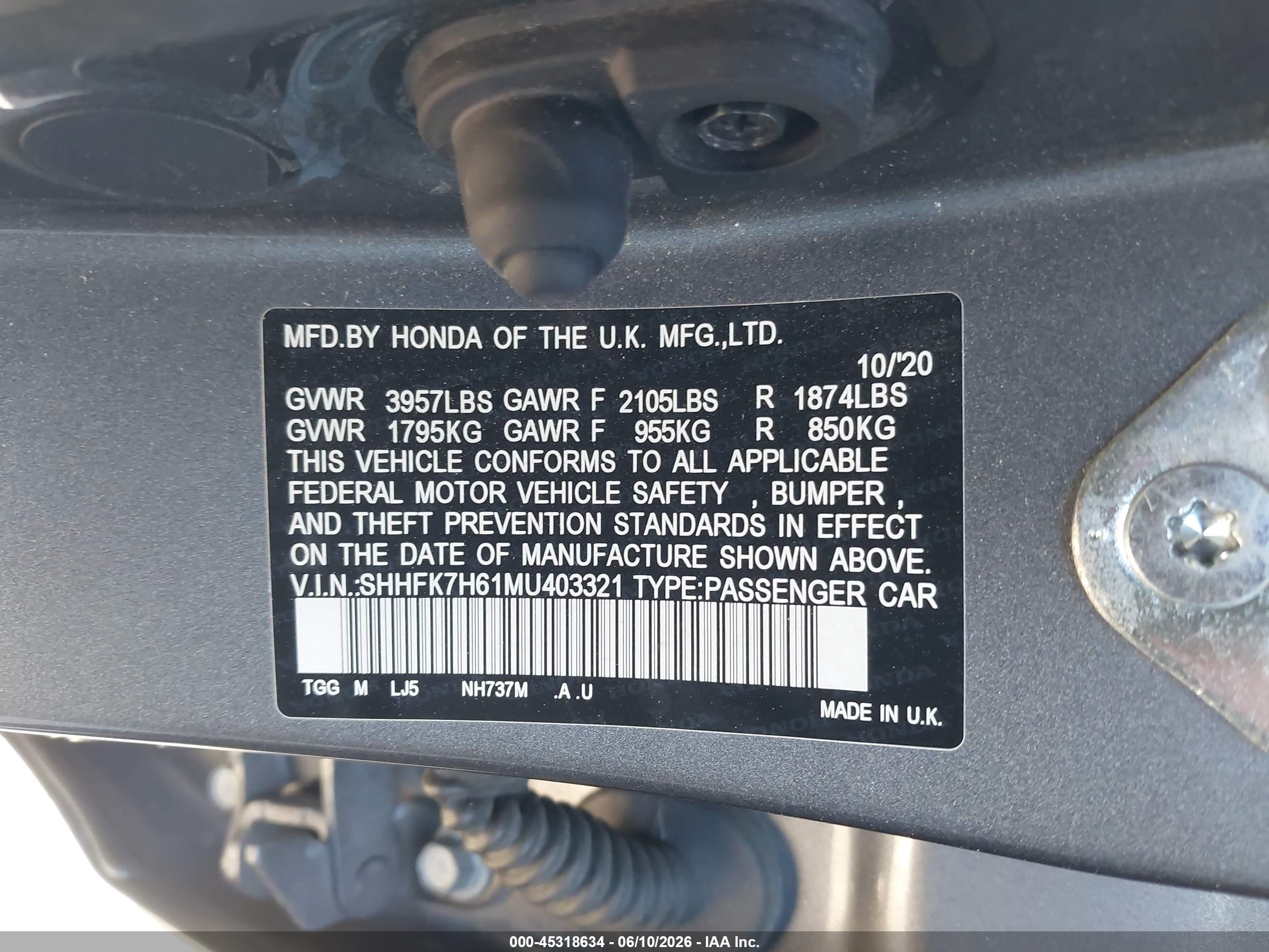 2021 Honda Civic Ex Gray vin: SHHFK7H61MU403321