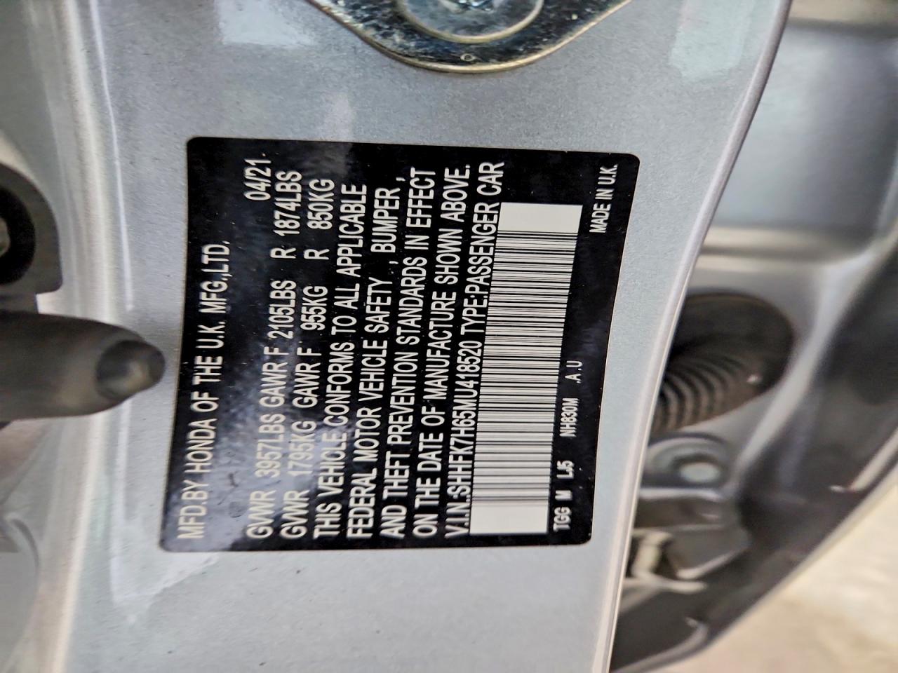 2021 Honda Civic Ex Silver vin: SHHFK7H65MU418520