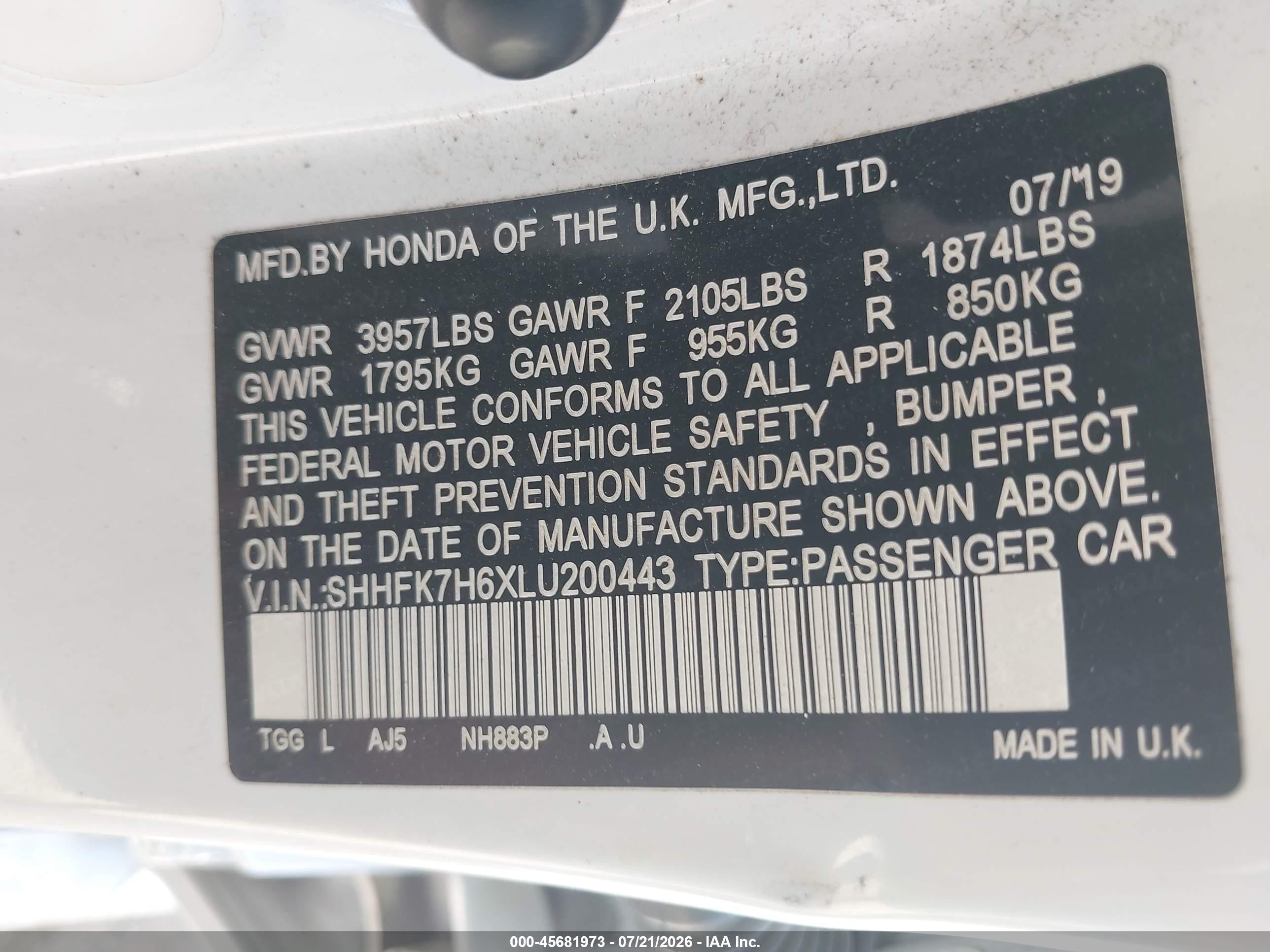2020 Honda Civic Ex White vin: SHHFK7H6XLU200443