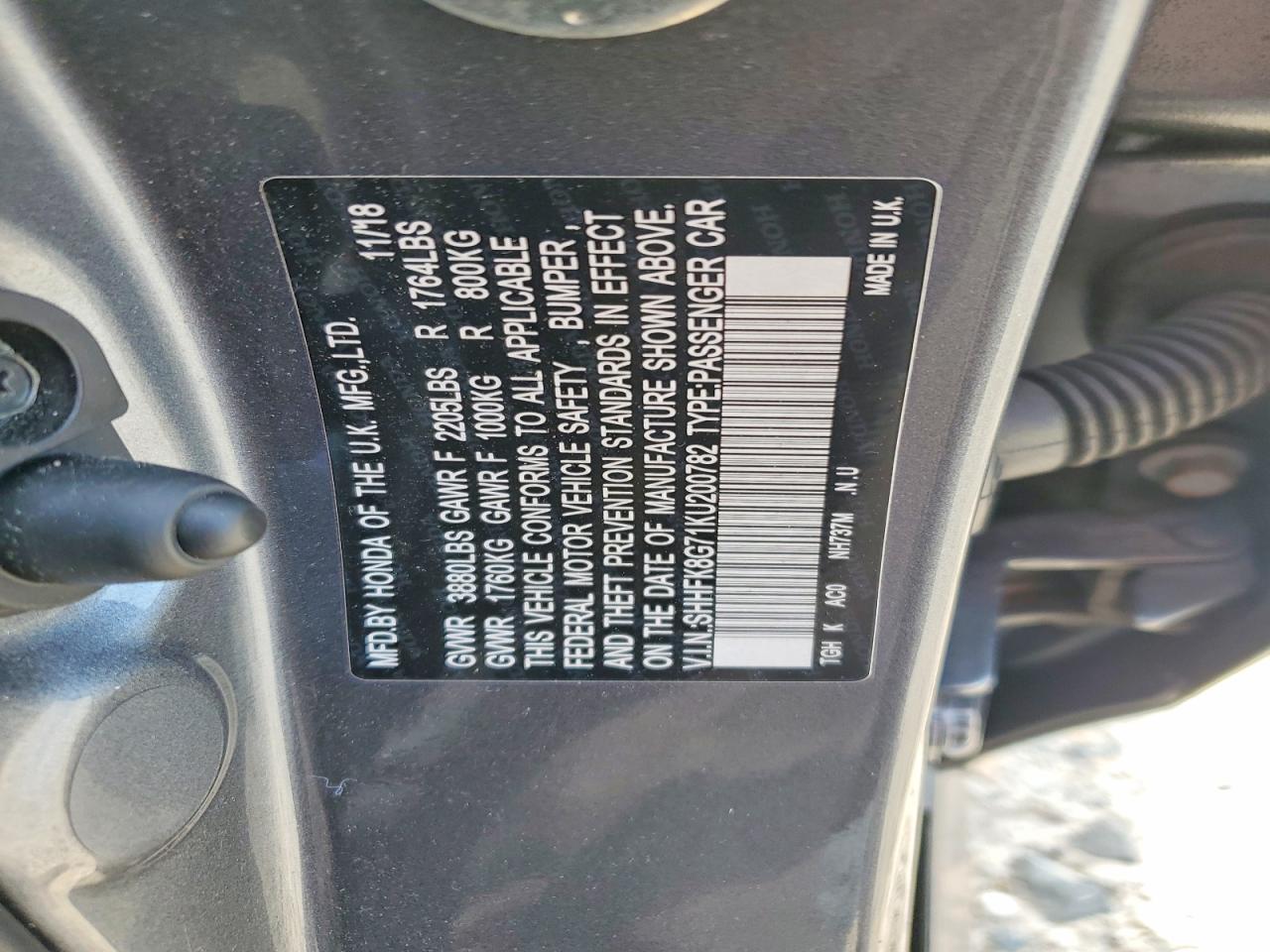 2019 Honda Civic Type-r Touring Gray vin: SHHFK8G71KU200782