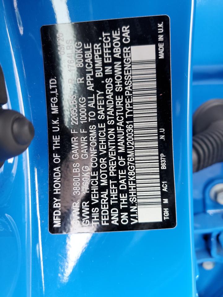 2021 Honda Civic Type-r Touring Blue vin: SHHFK8G76MU200361