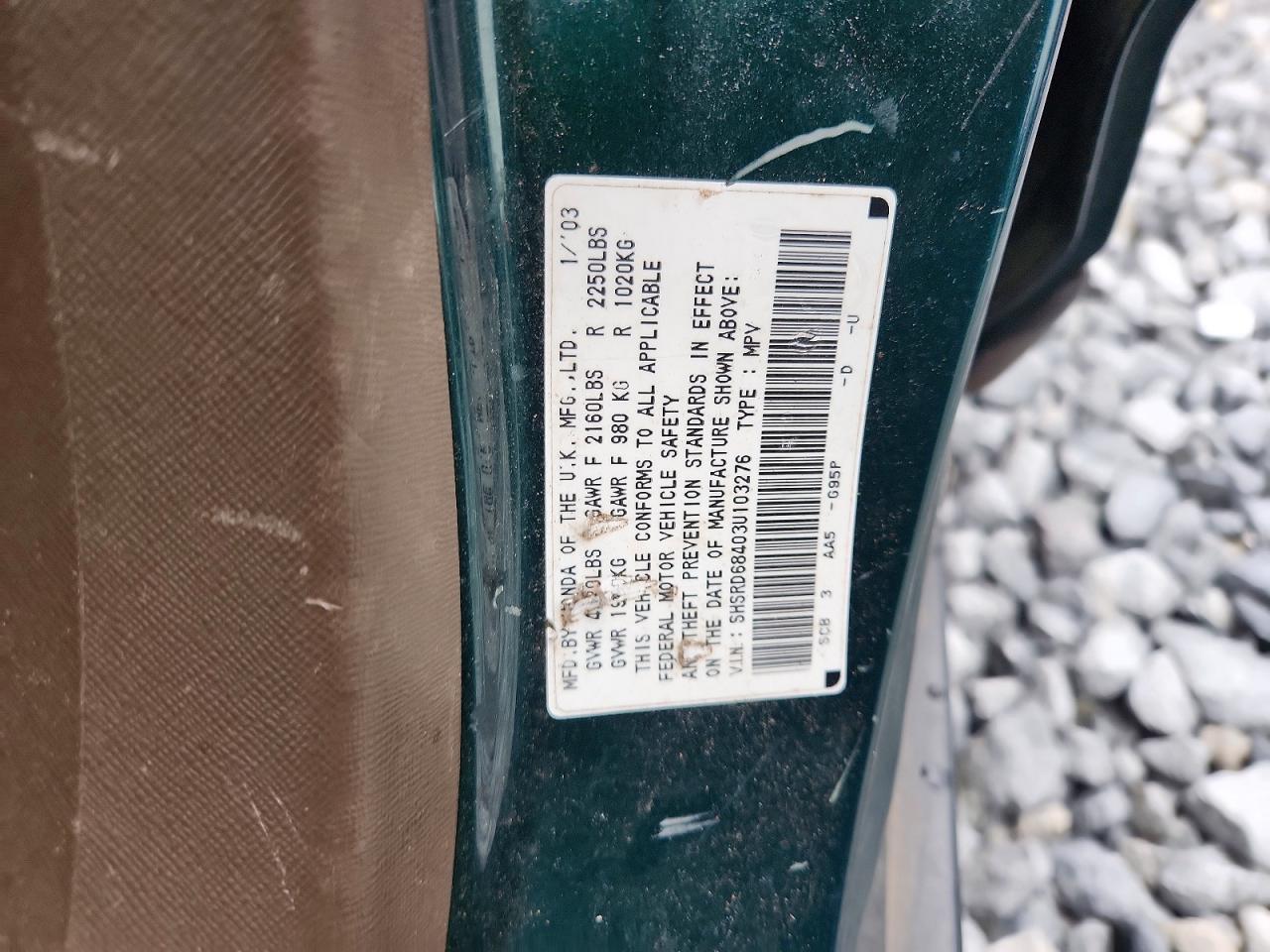 2003 Honda Cr-v Lx Green vin: SHSRD68403U103276