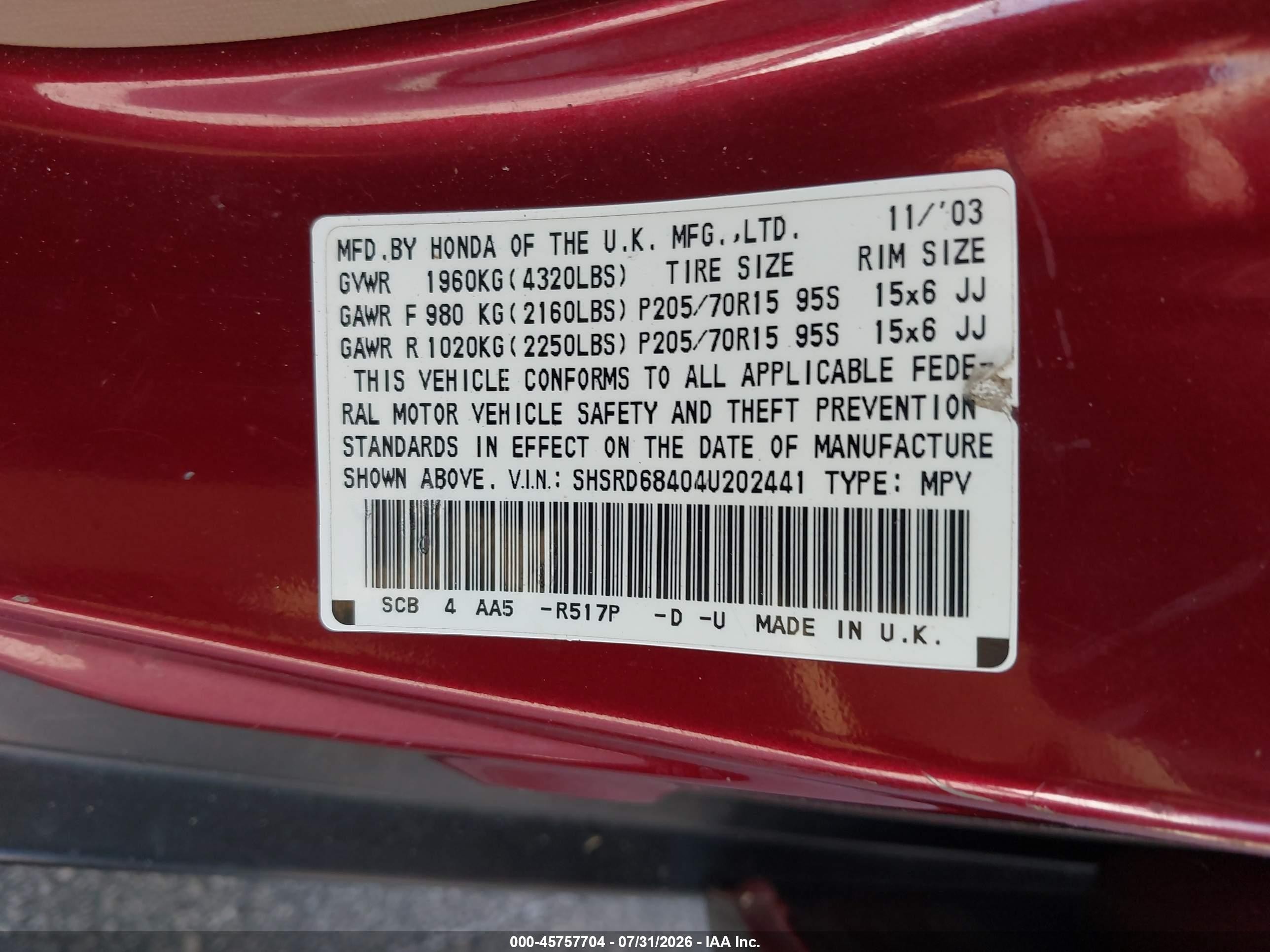 2004 Honda Cr-v Lx Burgundy vin: SHSRD68404U202441