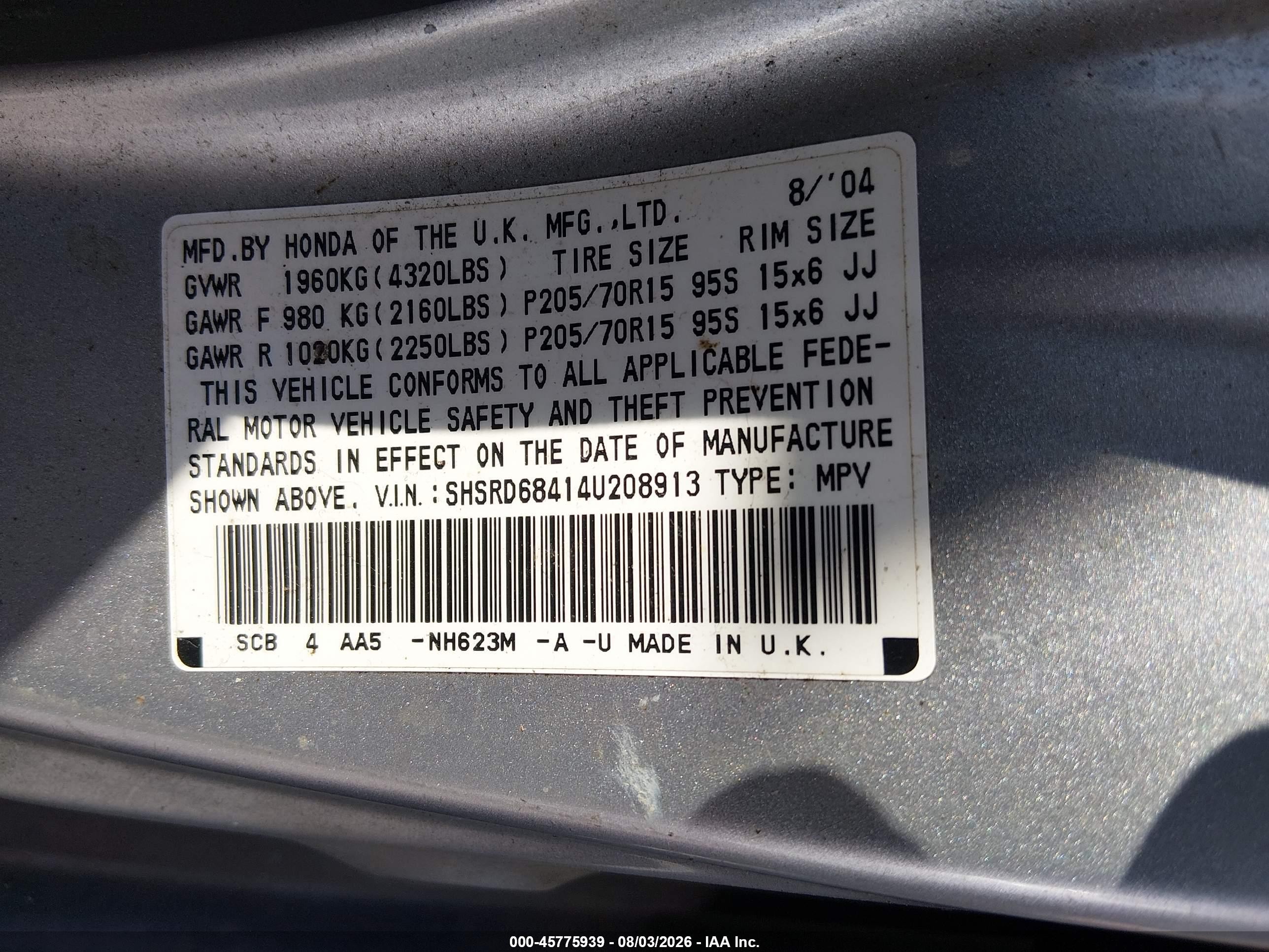 2004 Honda Cr-v Lx Gray vin: SHSRD68414U208913