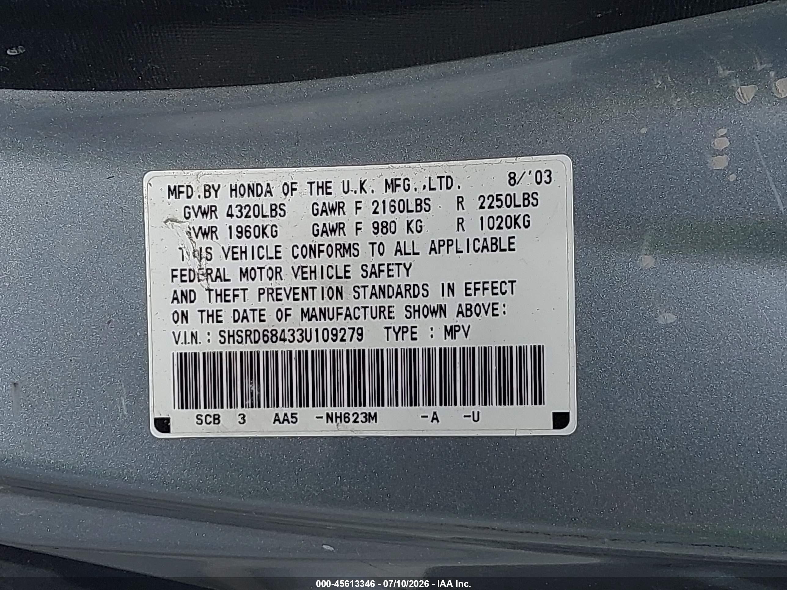 2003 Honda Cr-v Lx Silver vin: SHSRD68433U109279