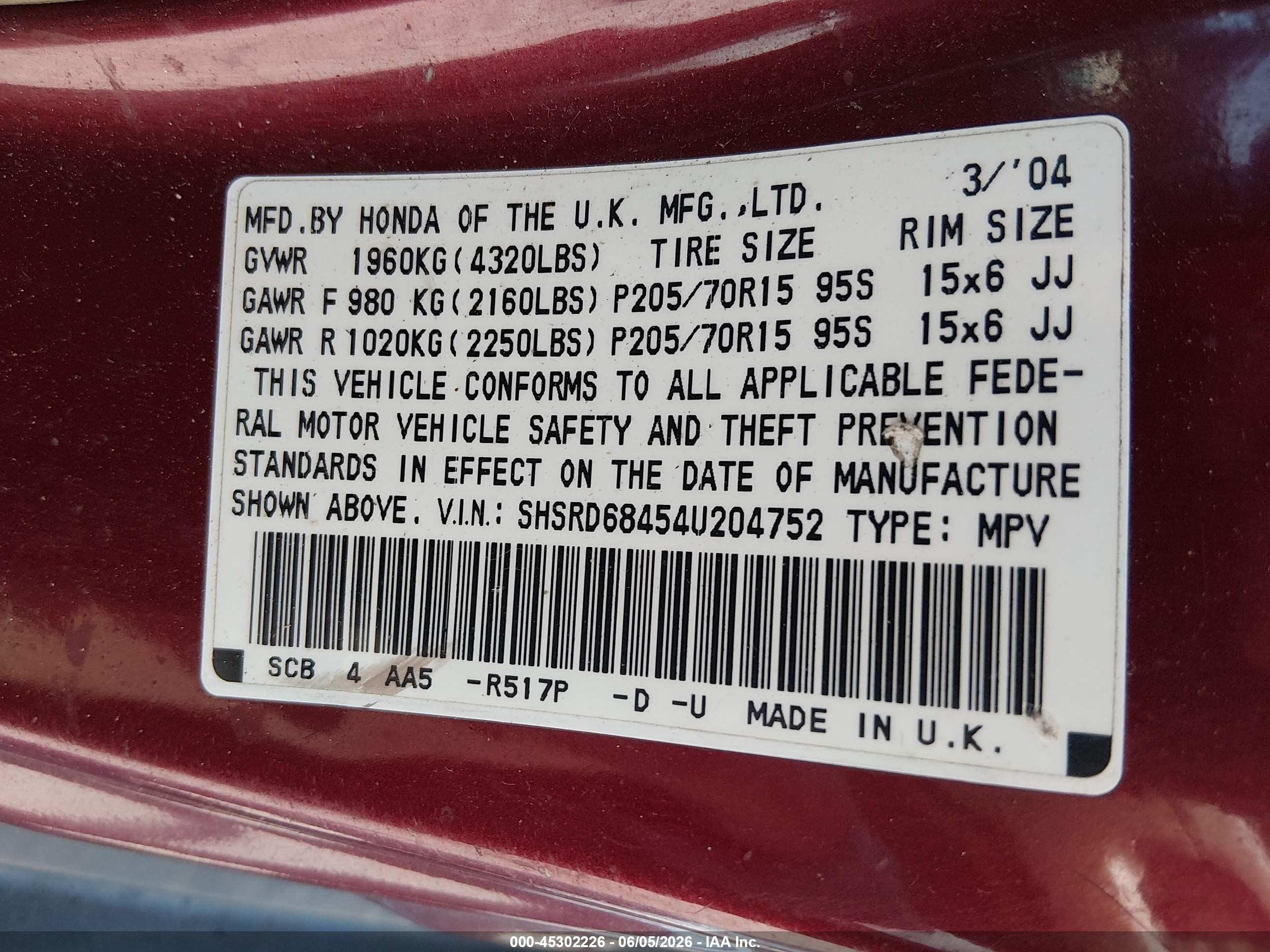 2004 Honda Cr-v Lx Red vin: SHSRD68454U204752