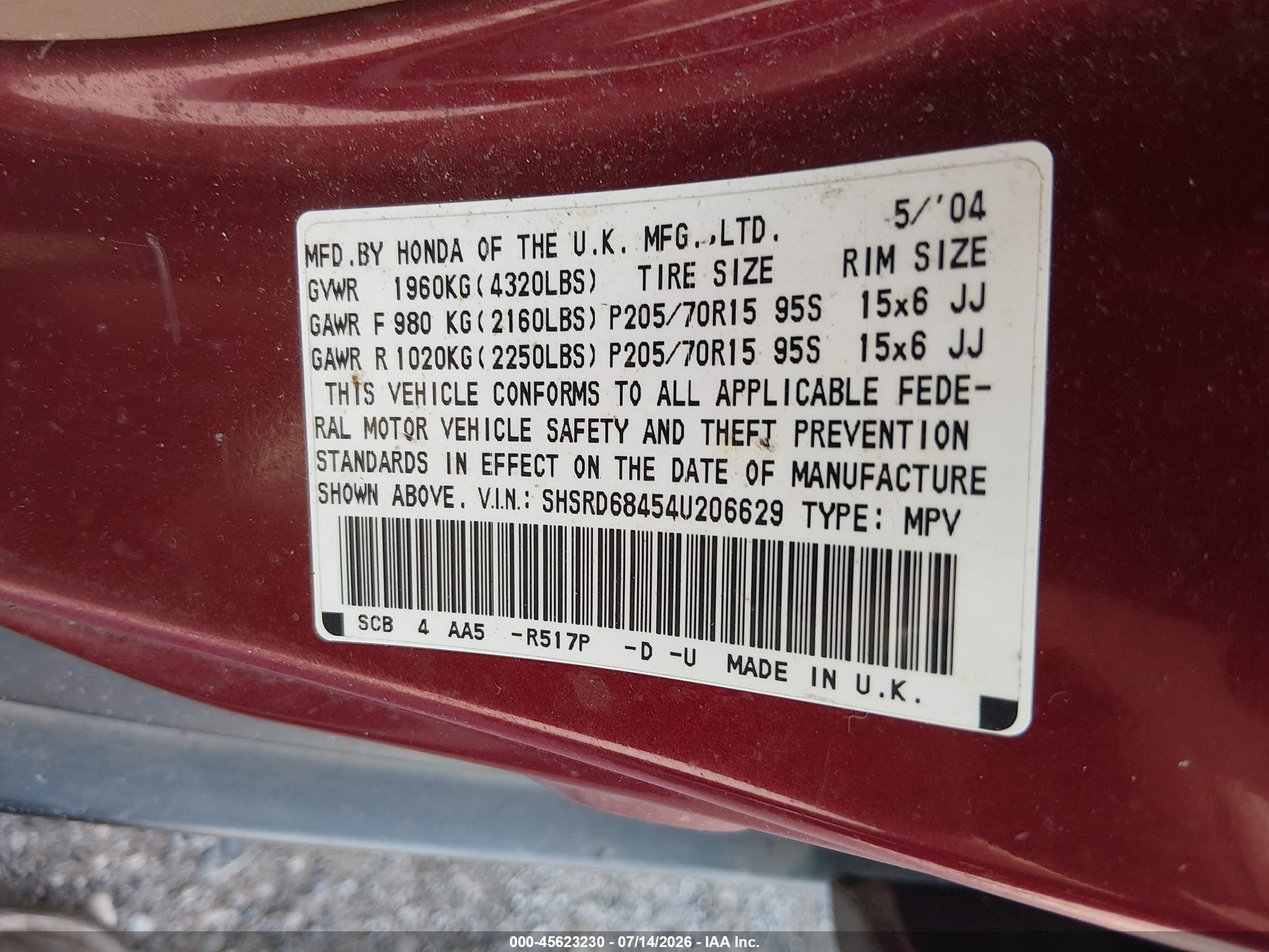 2004 Honda Cr-v Lx Maroon vin: SHSRD68454U206629