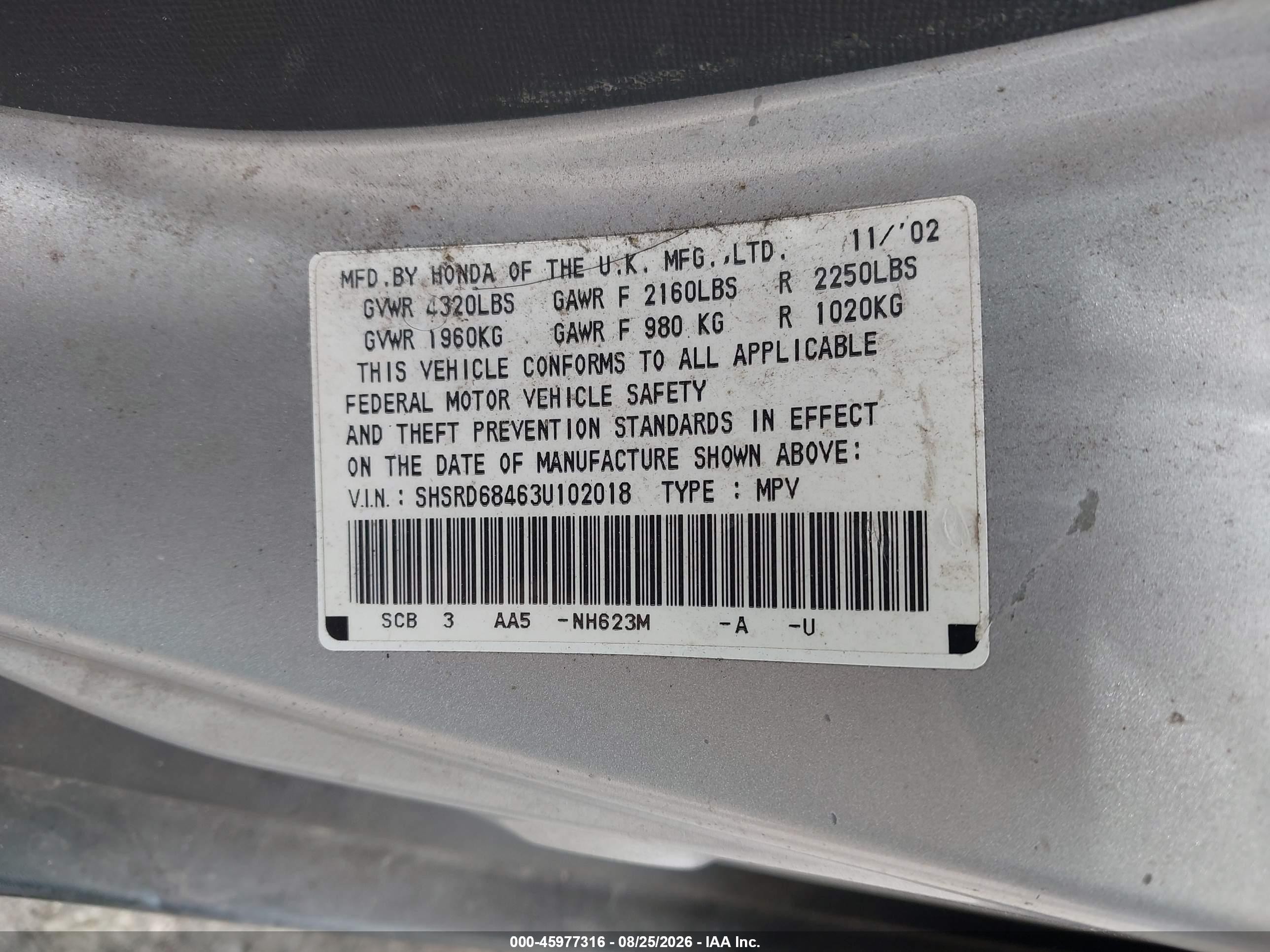 2003 Honda Cr-v Lx Silver vin: SHSRD68463U102018