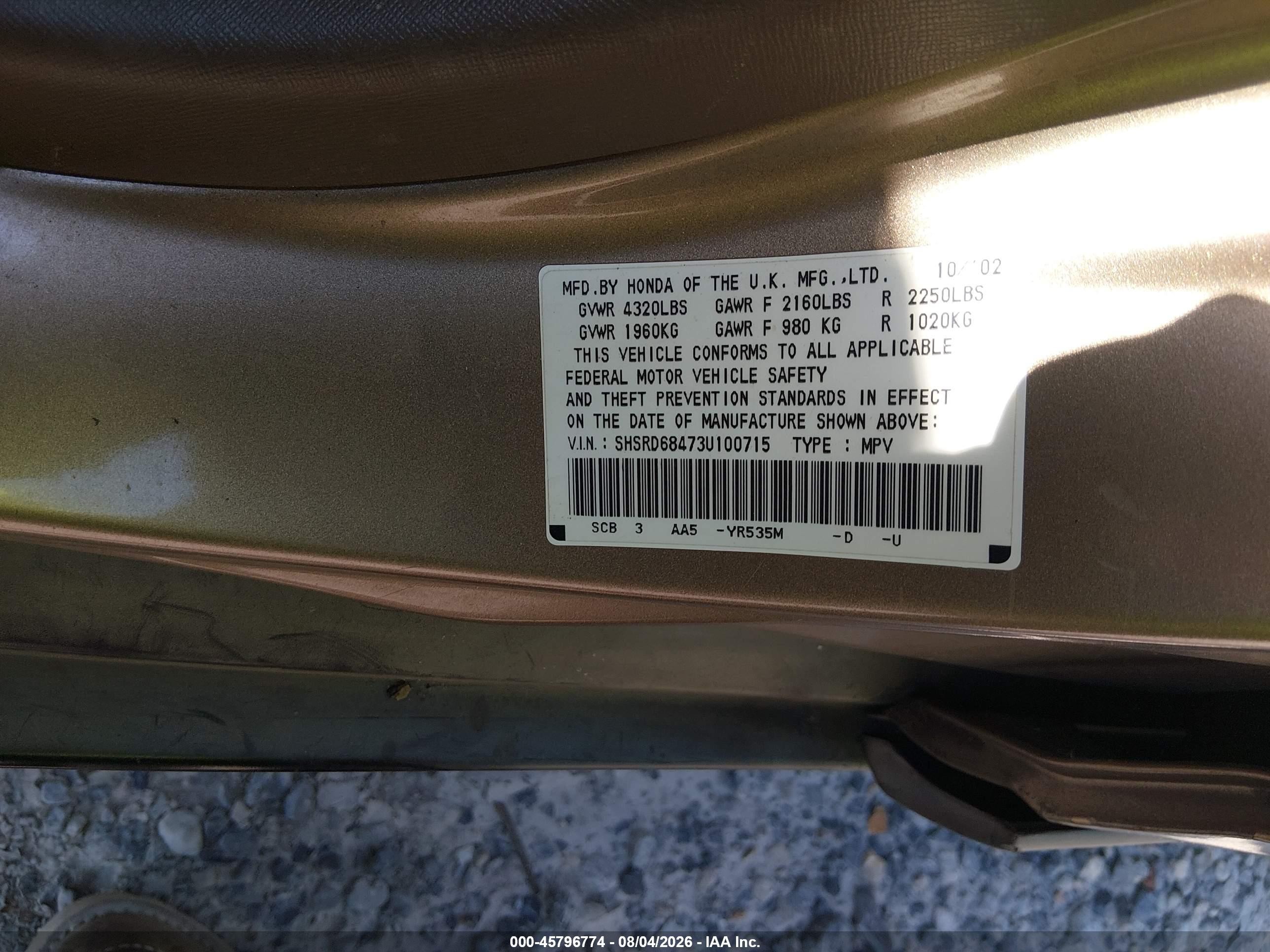 2003 Honda Cr-v Lx Золотой vin: SHSRD68473U100715