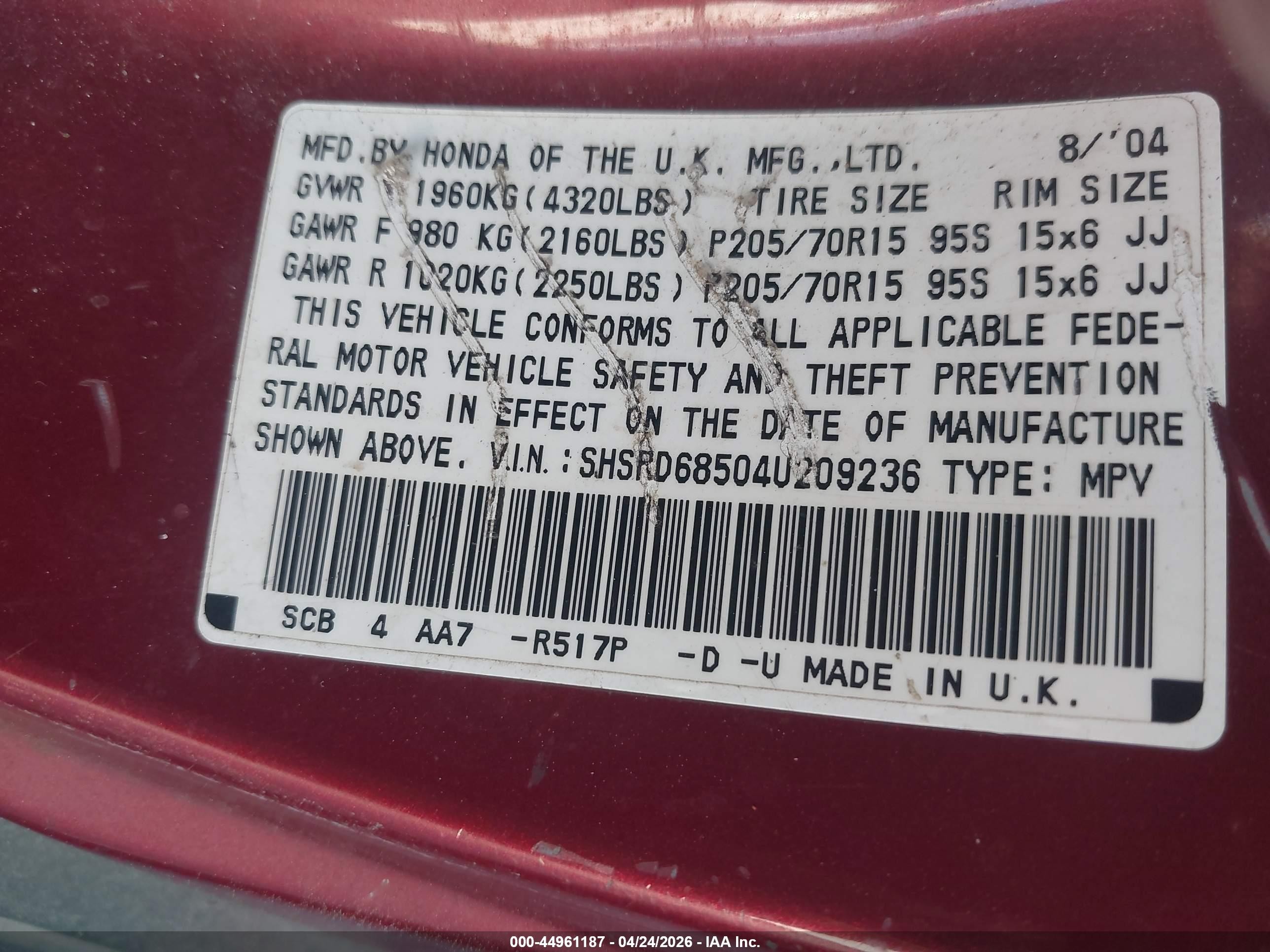 2004 Honda Cr-v Lx Burgundy vin: SHSRD68504U209236