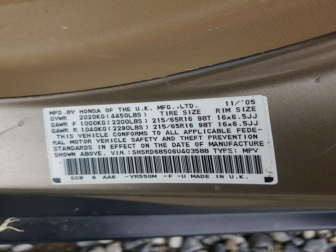 2006 Honda Cr-v Lx Tan vin: SHSRD68506U403588