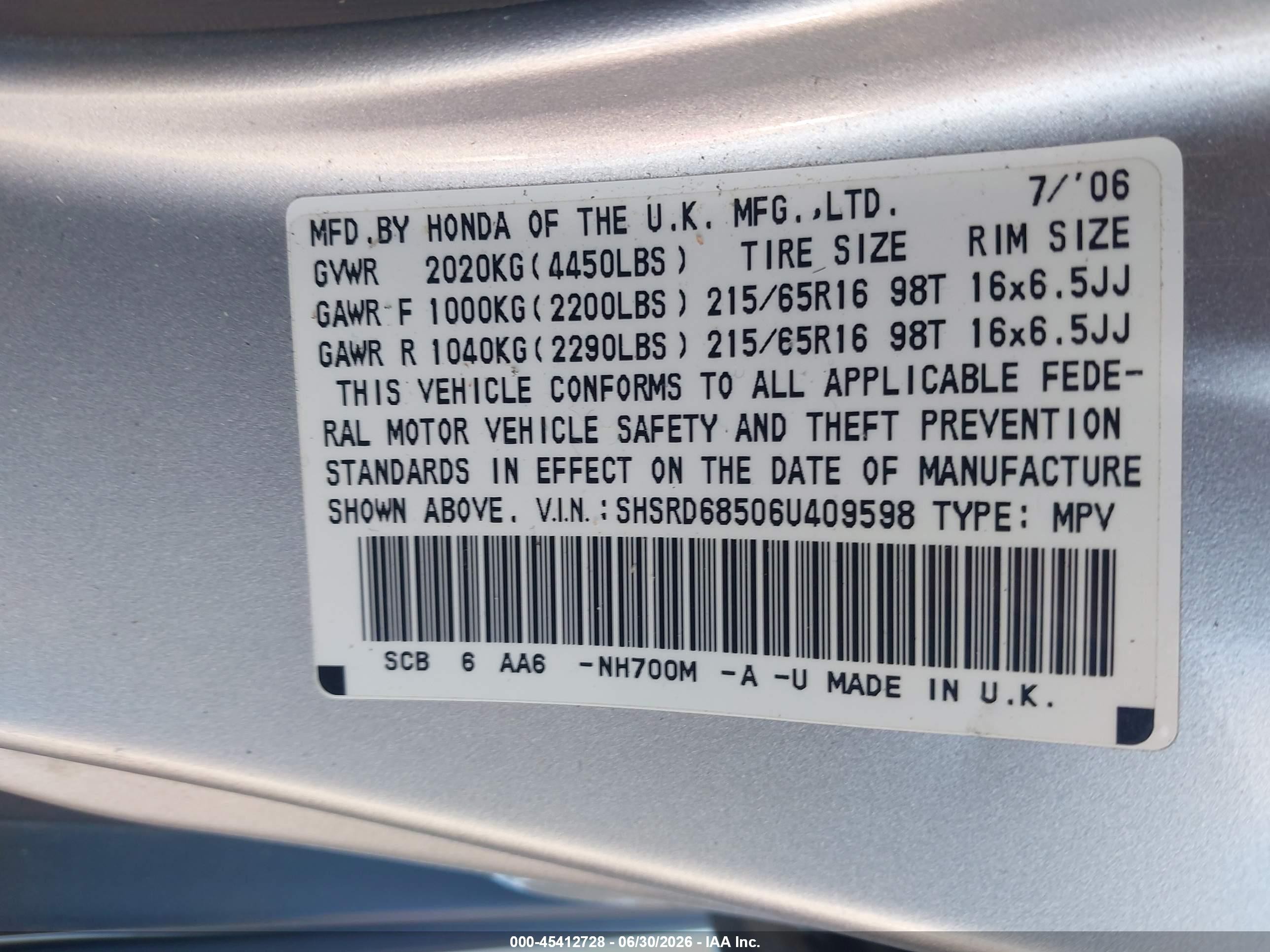 2006 Honda Cr-v Lx Silver vin: SHSRD68506U409598