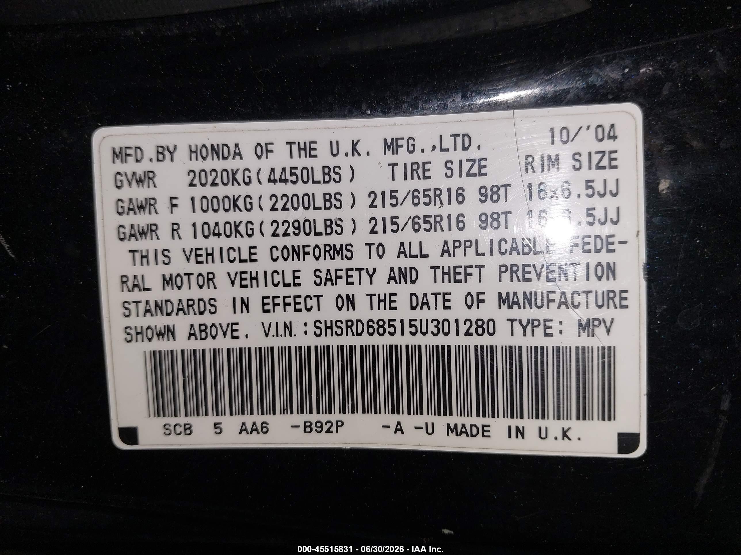 2005 Honda Cr-v Lx Black vin: SHSRD68515U301280