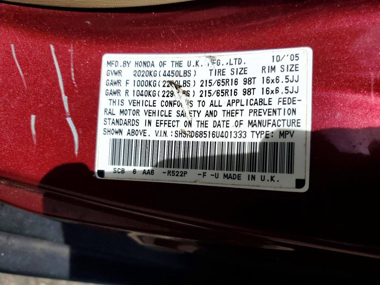 2006 Honda Cr-v Lx Maroon vin: SHSRD68516U401333