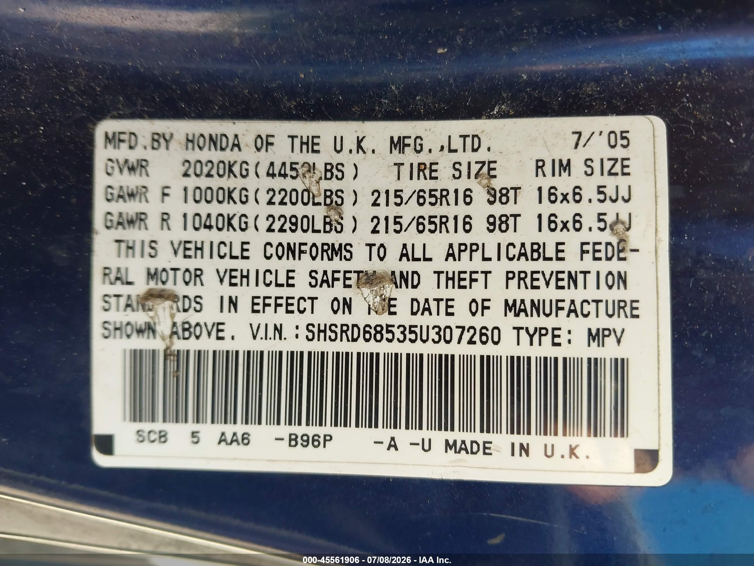 2005 Honda Cr-v Lx Blue vin: SHSRD68535U307260