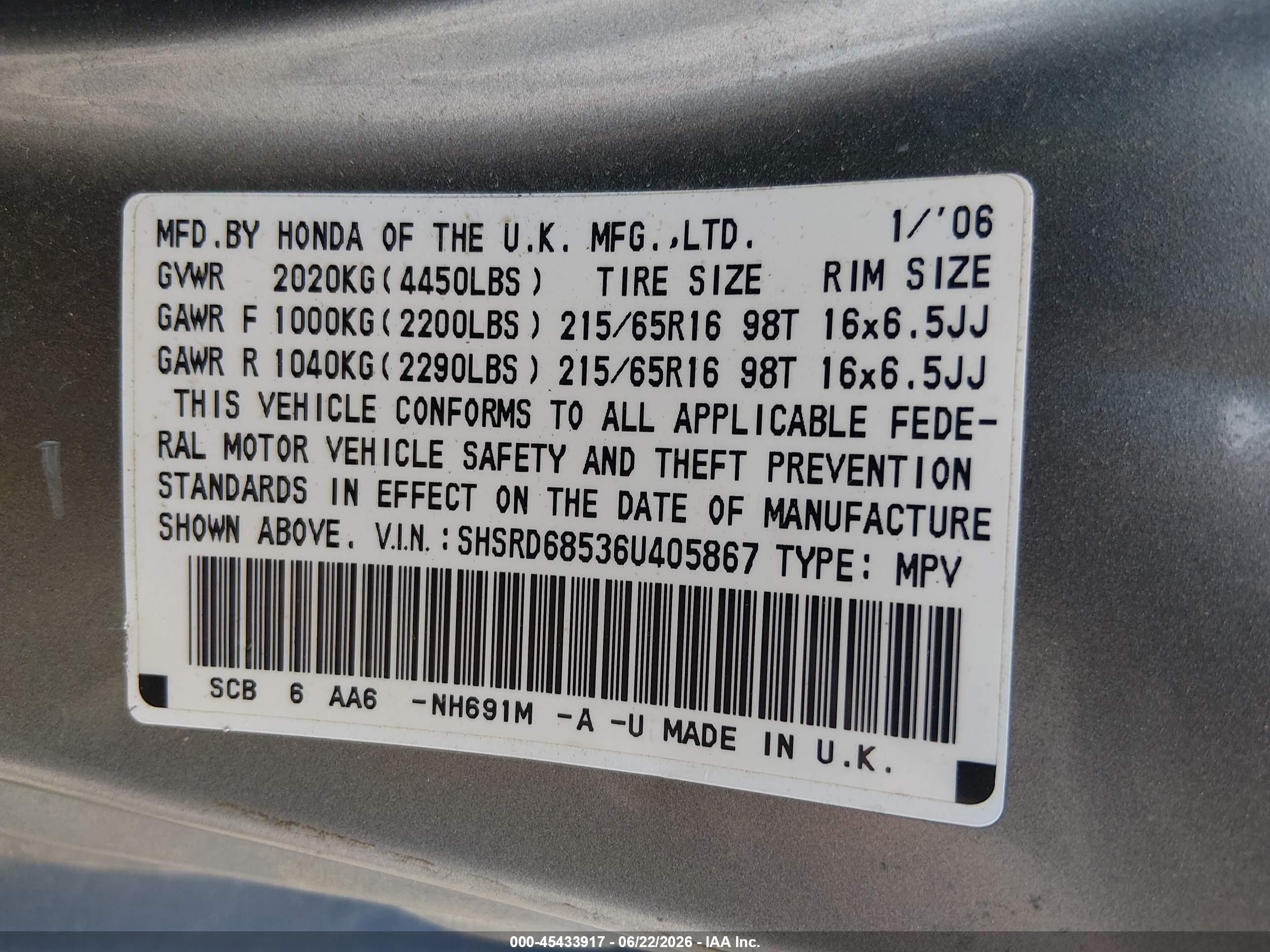 2006 Honda Cr-v Lx Gray vin: SHSRD68536U405867