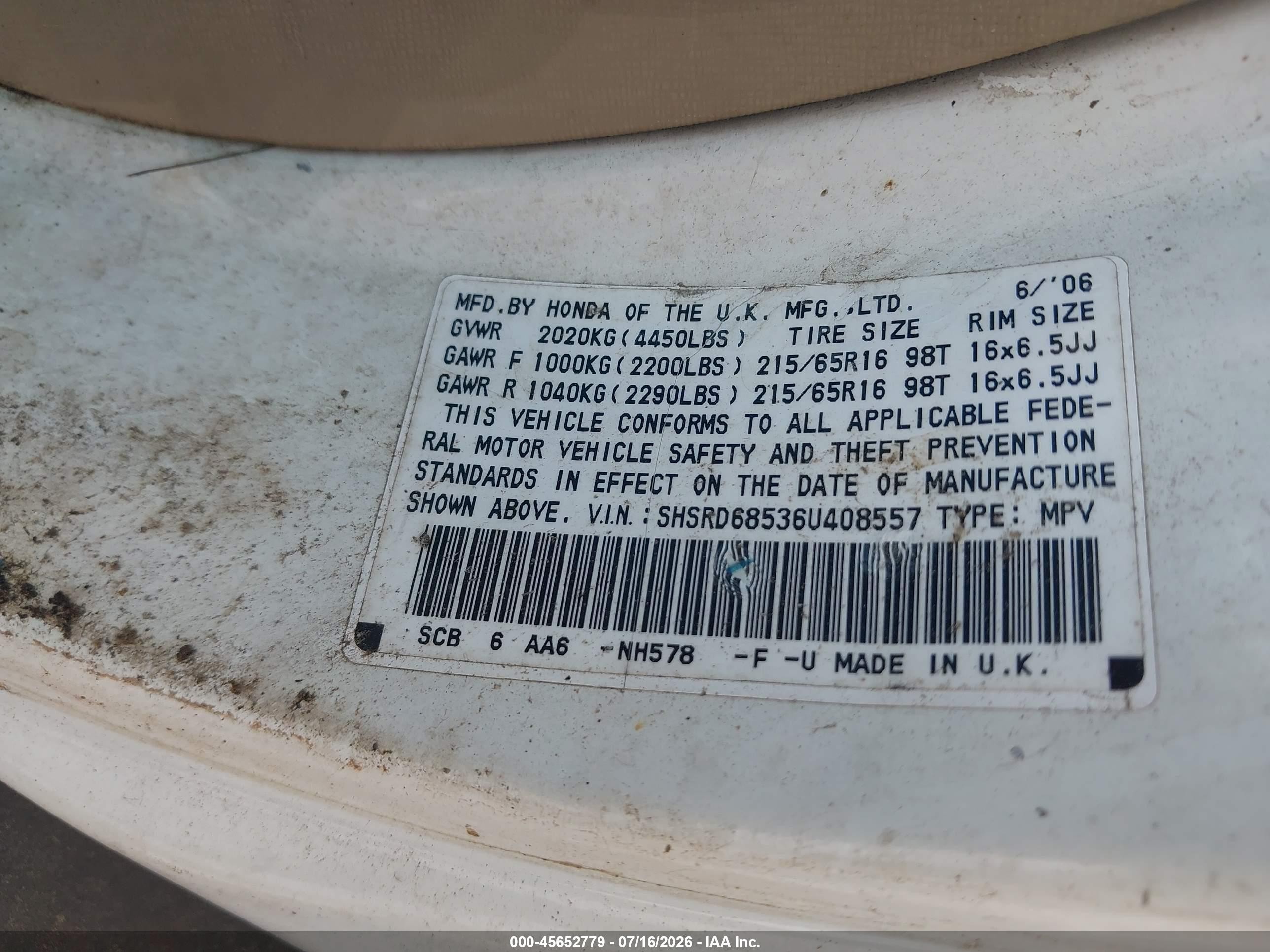 2006 Honda Cr-v Lx White vin: SHSRD68536U408557