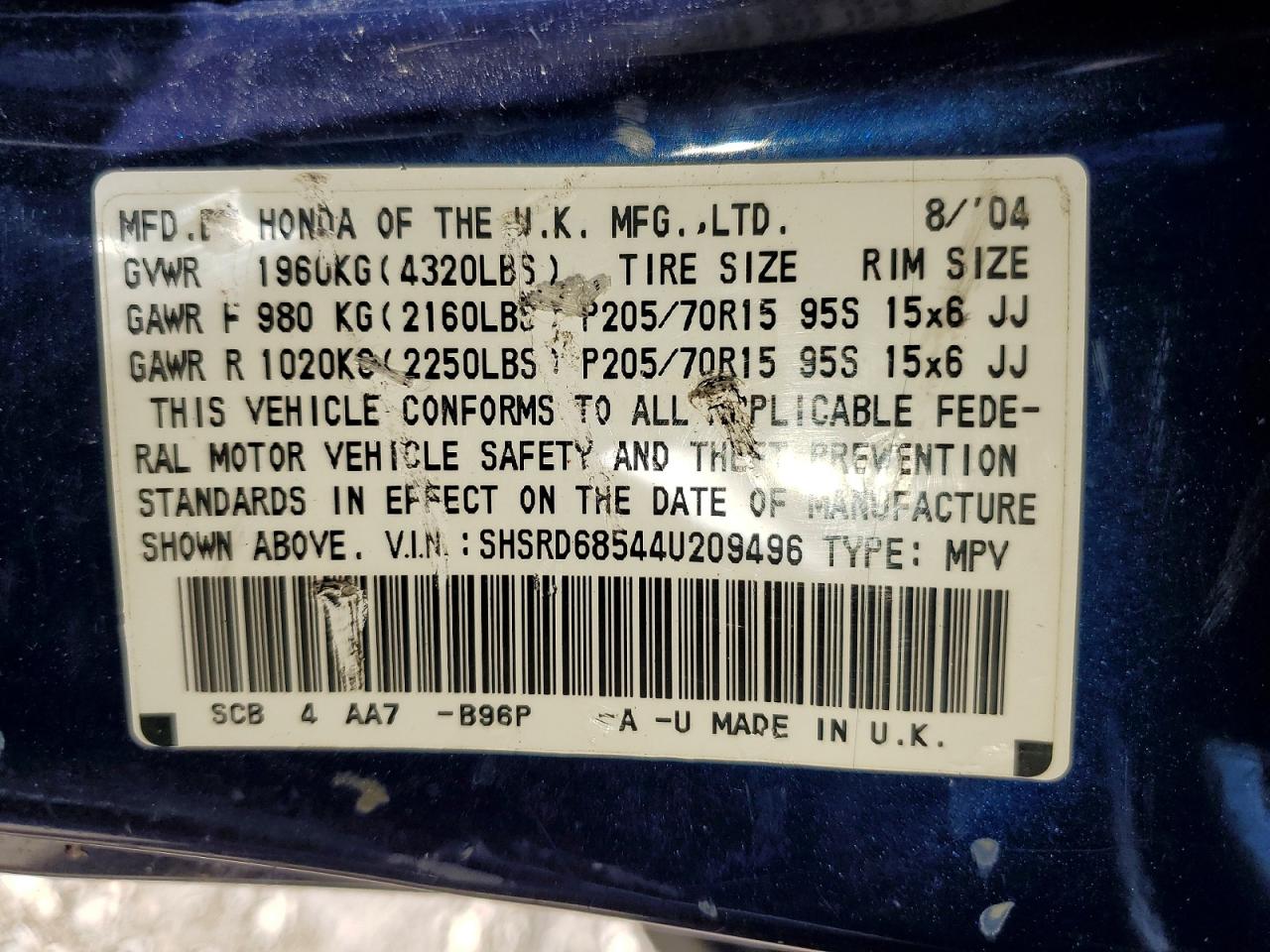 2004 Honda Cr-v Lx Blue vin: SHSRD68544U209496