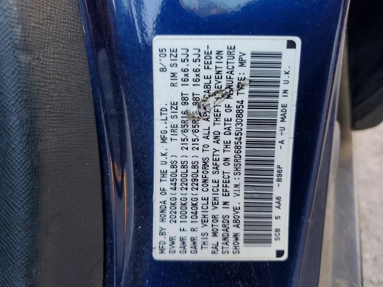 2005 Honda Cr-v Lx Blue vin: SHSRD68545U308854