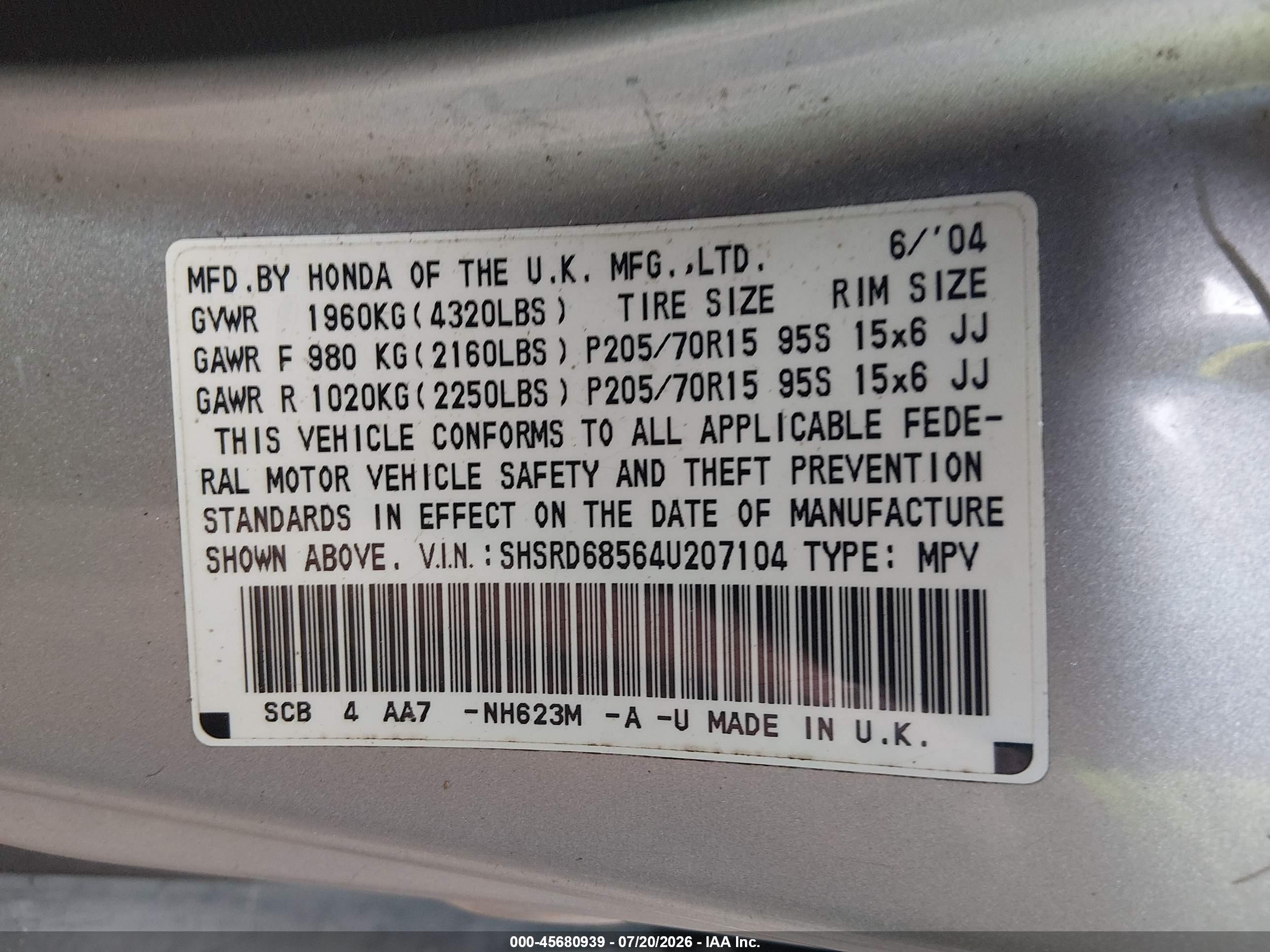 2004 Honda Cr-v Lx Silver vin: SHSRD68564U207104