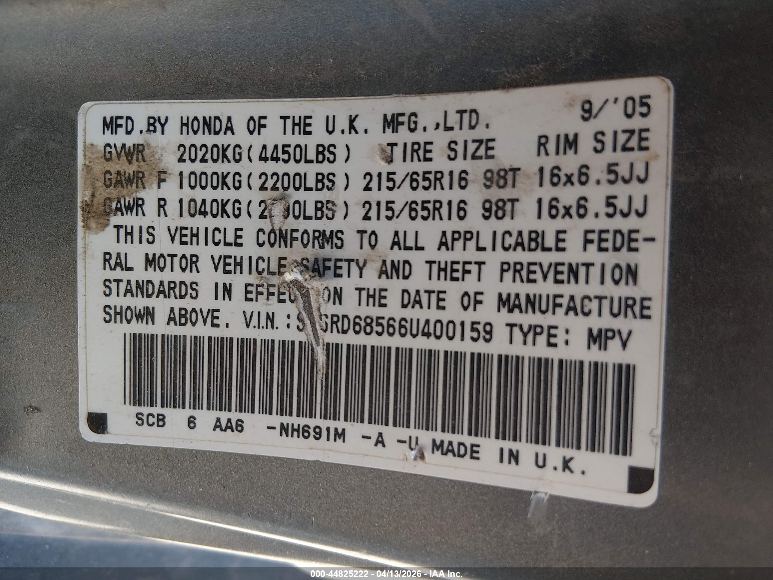 2006 Honda Cr-v Lx Gray vin: SHSRD68566U400159