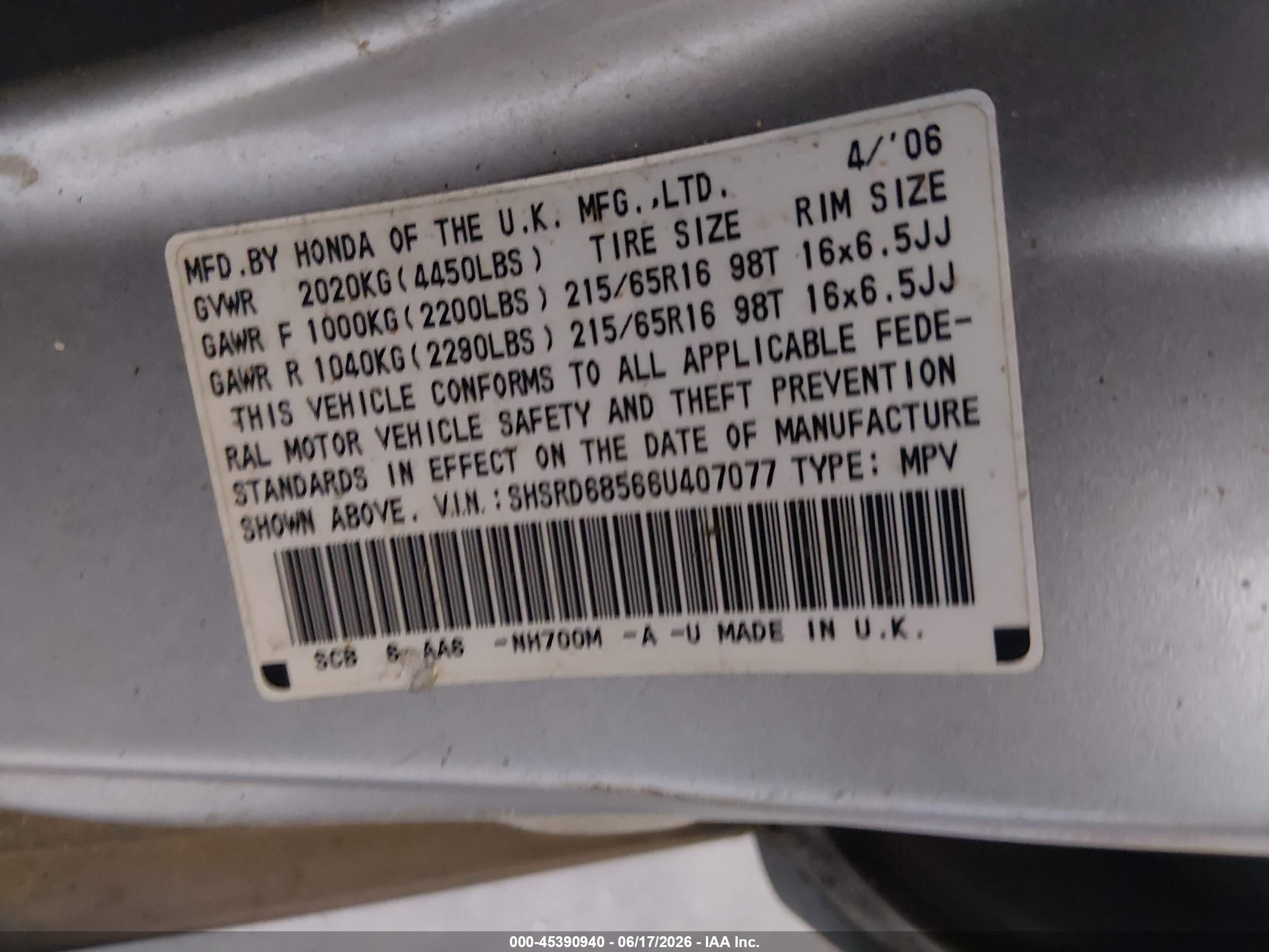2006 Honda Cr-v Lx Silver vin: SHSRD68566U407077