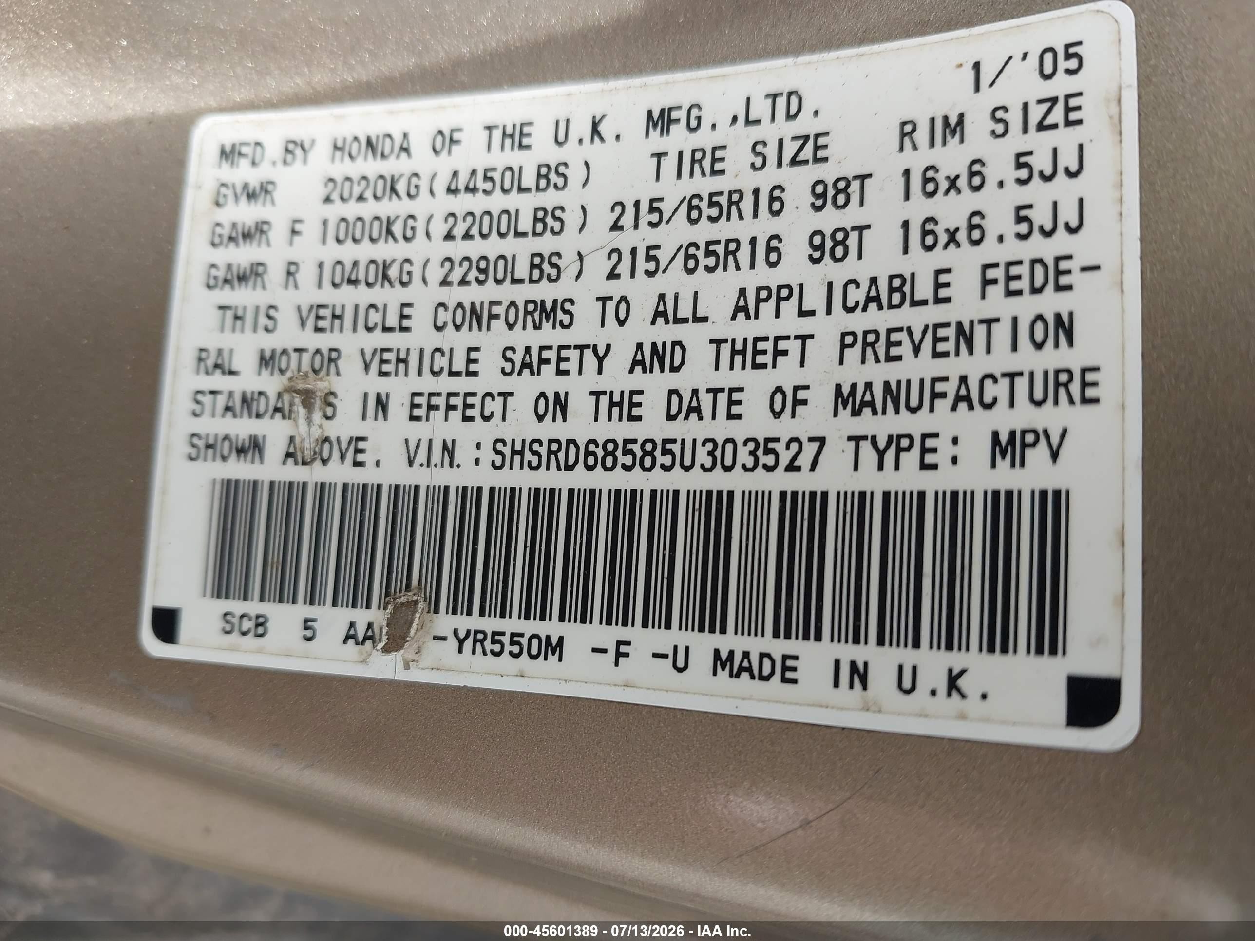 2005 Honda Cr-v Lx Gold vin: SHSRD68585U303527