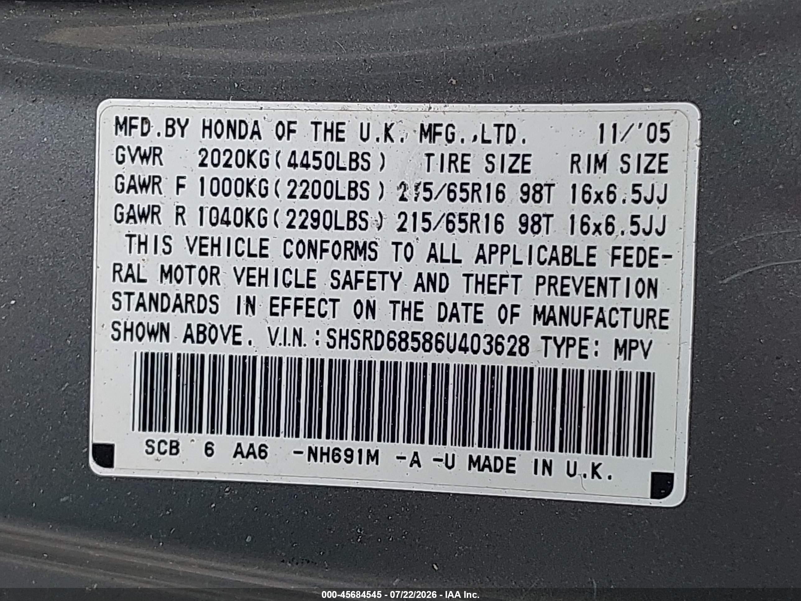 2006 Honda Cr-v Lx Серый vin: SHSRD68586U403628