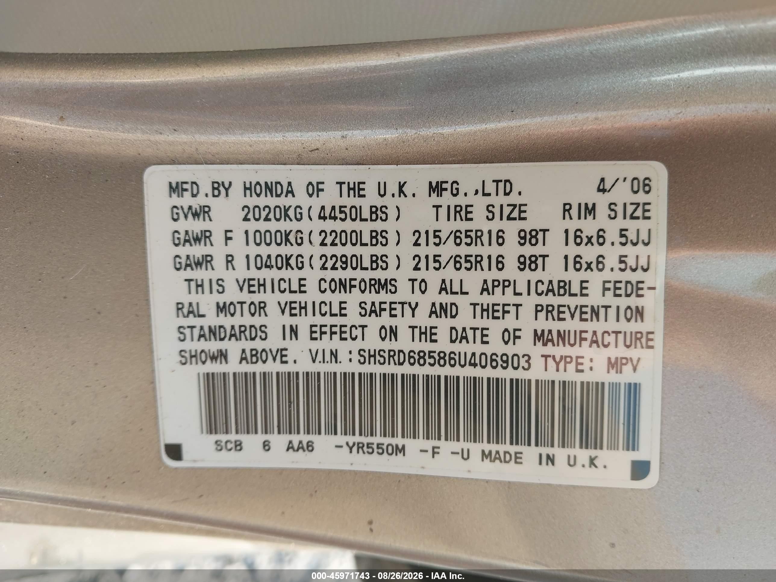 2006 Honda Cr-v Lx Gold vin: SHSRD68586U406903