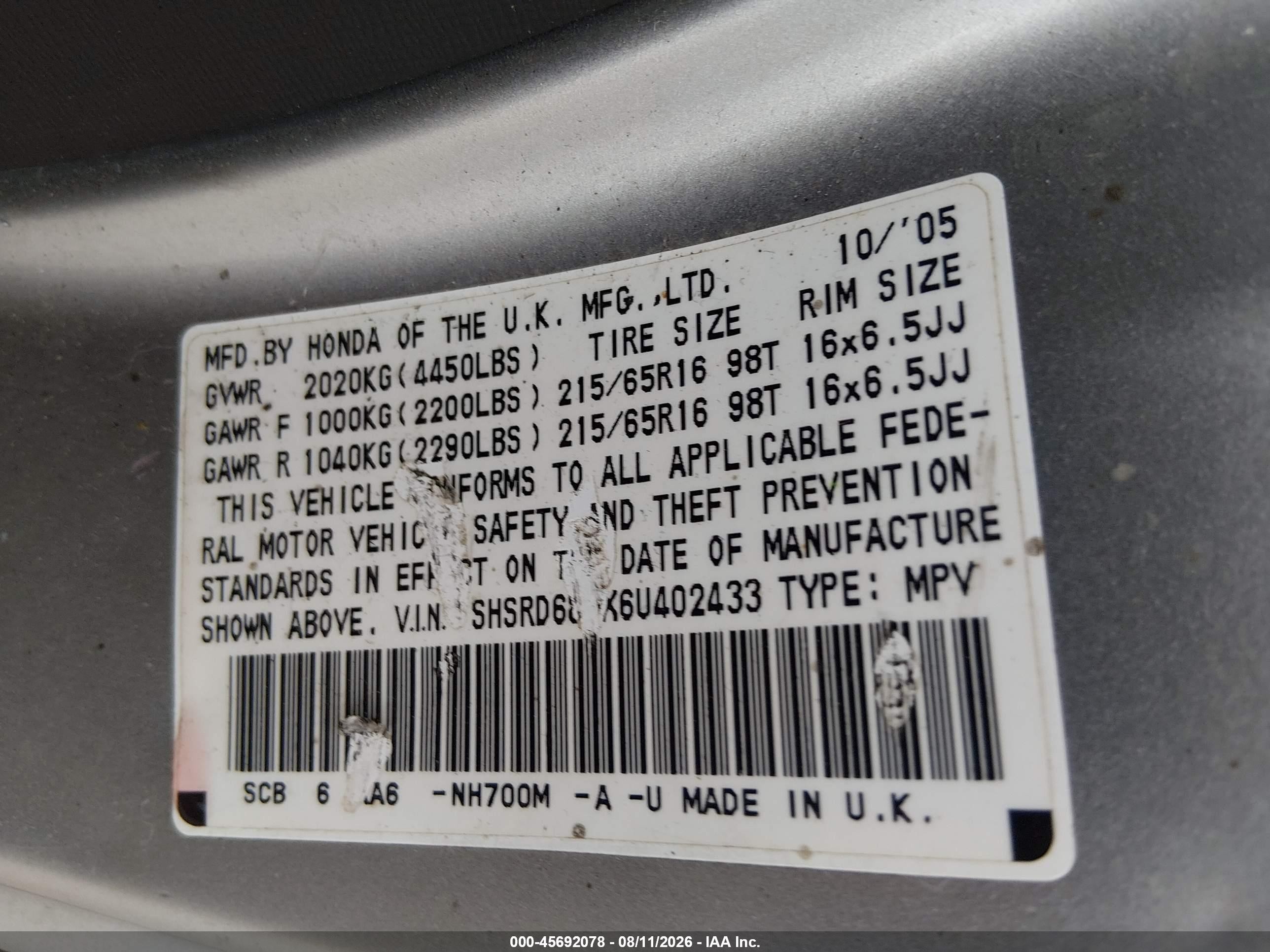 2006 Honda Cr-v Lx Silver vin: SHSRD685X6U402433