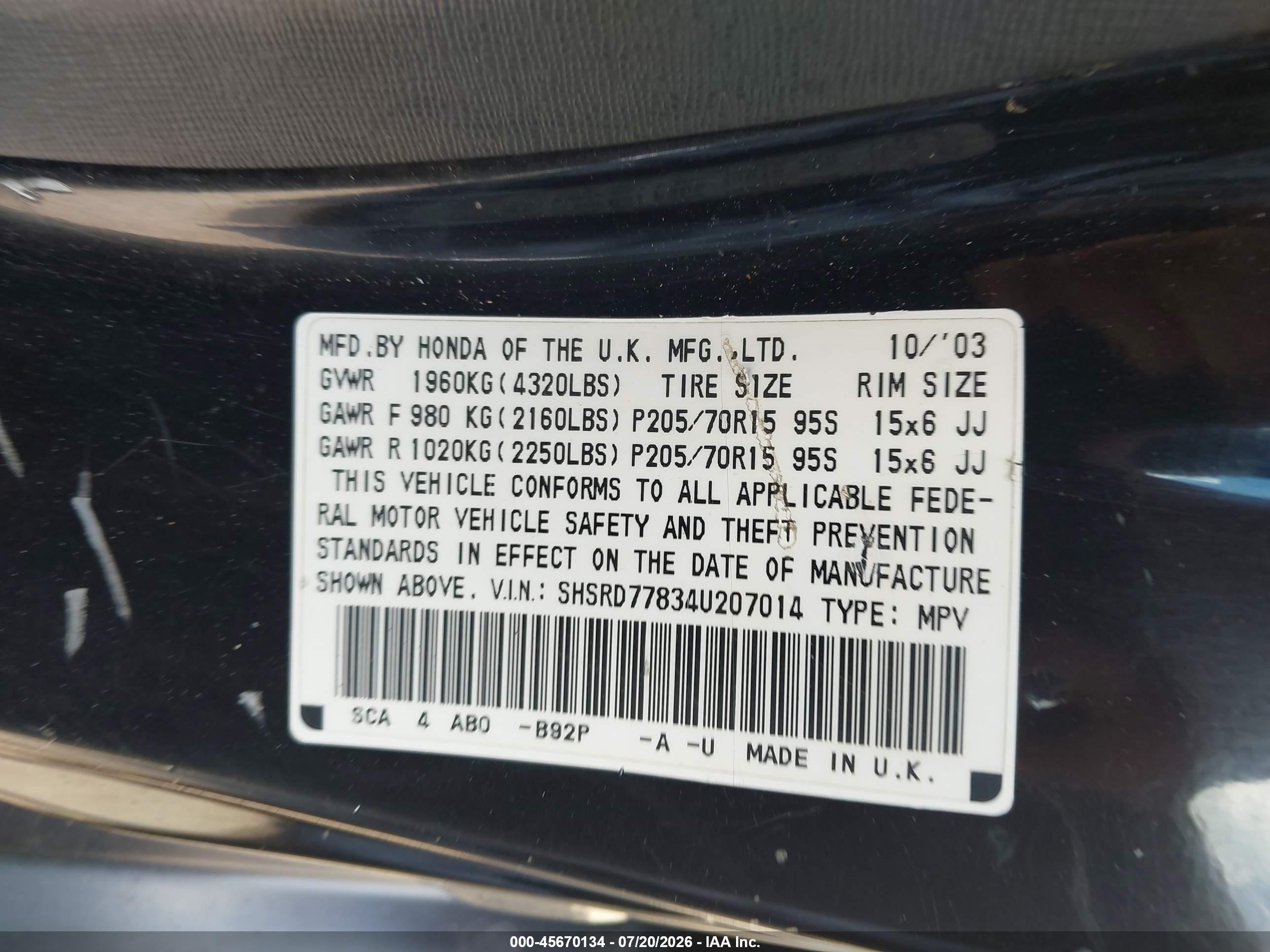 2004 Honda Cr-v Ex Black vin: SHSRD77834U207014