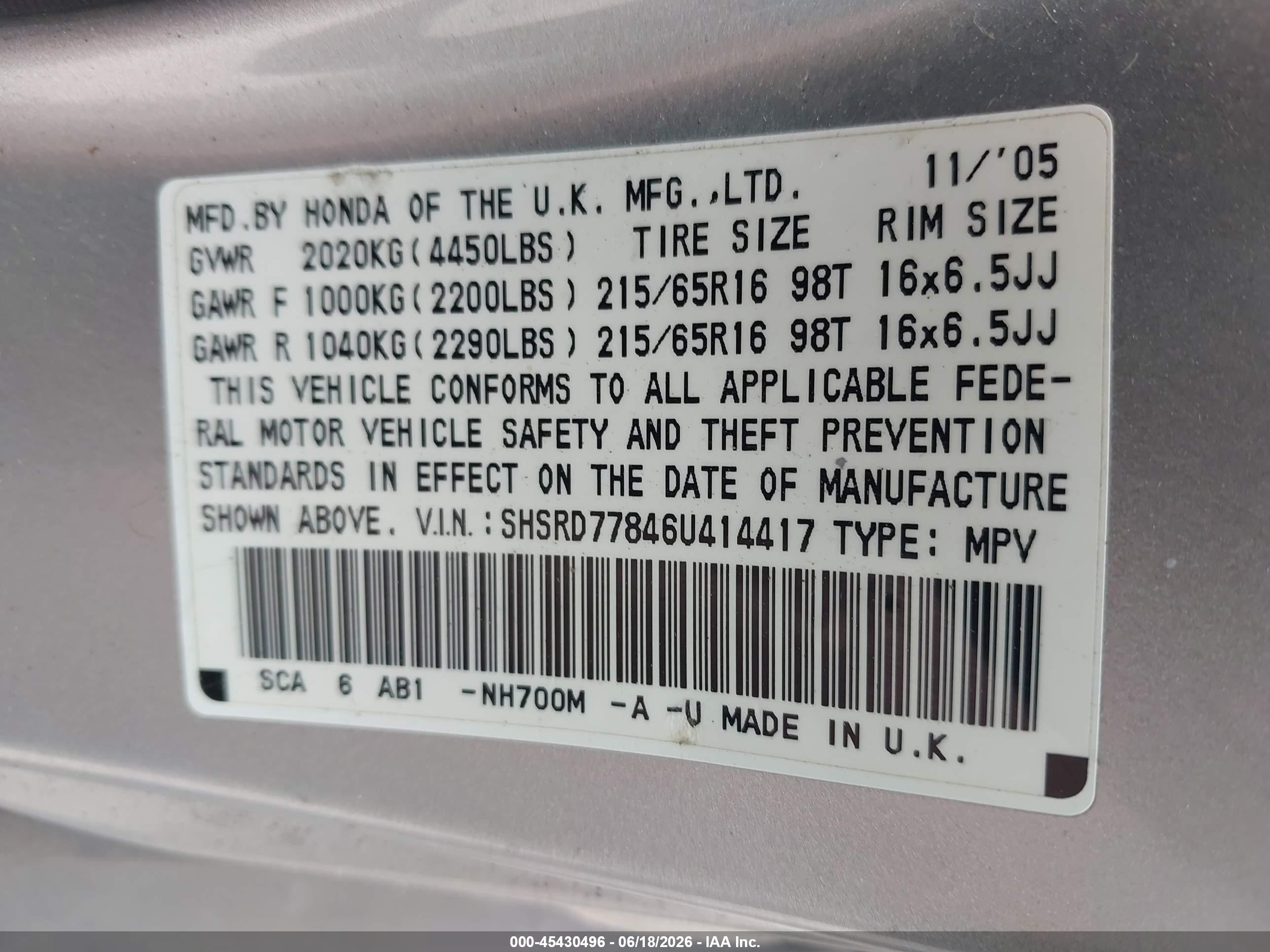 2006 Honda Cr-v Ex Silver vin: SHSRD77846U414417