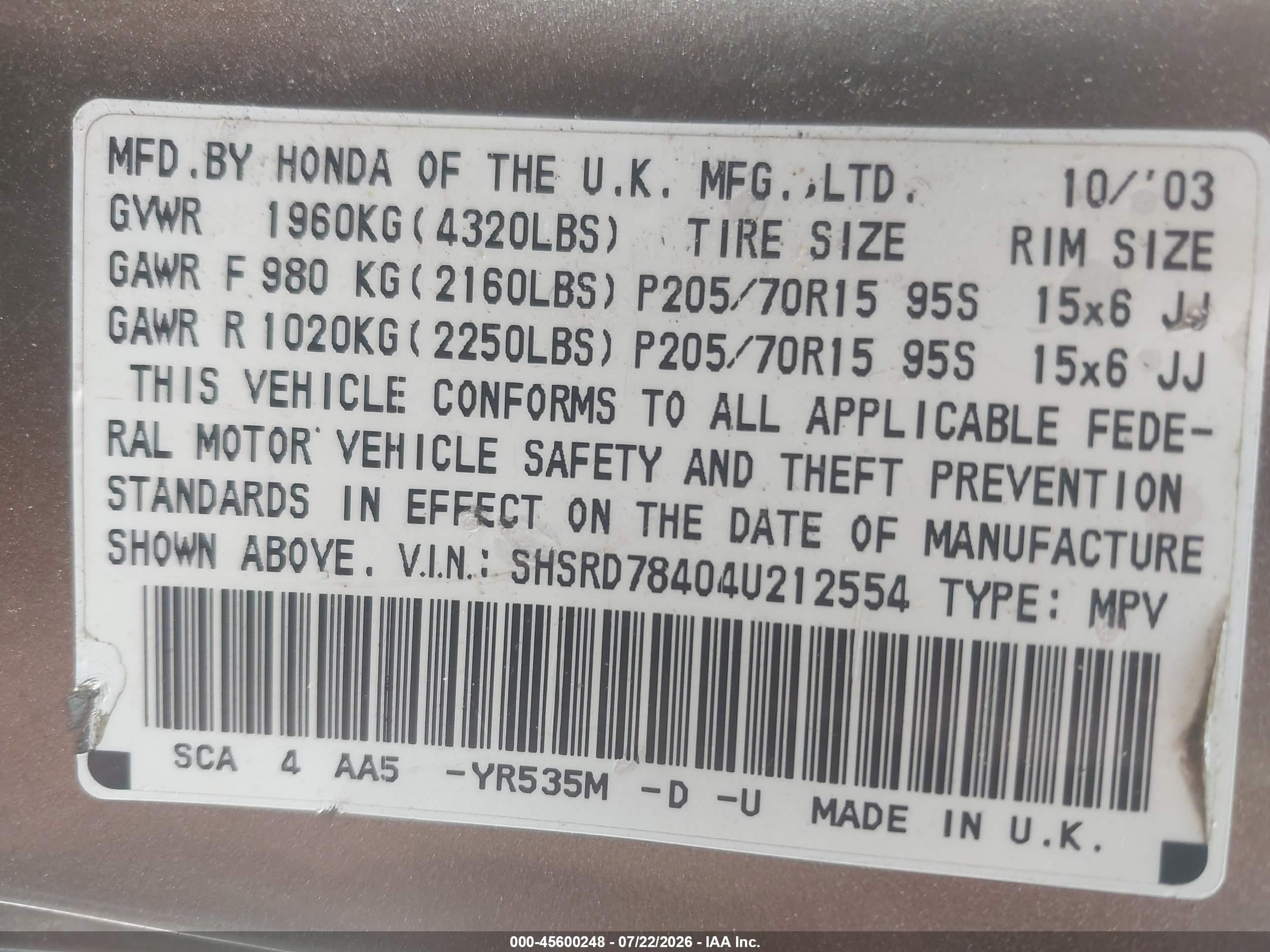 2004 Honda Cr-v Lx Gold vin: SHSRD78404U212554