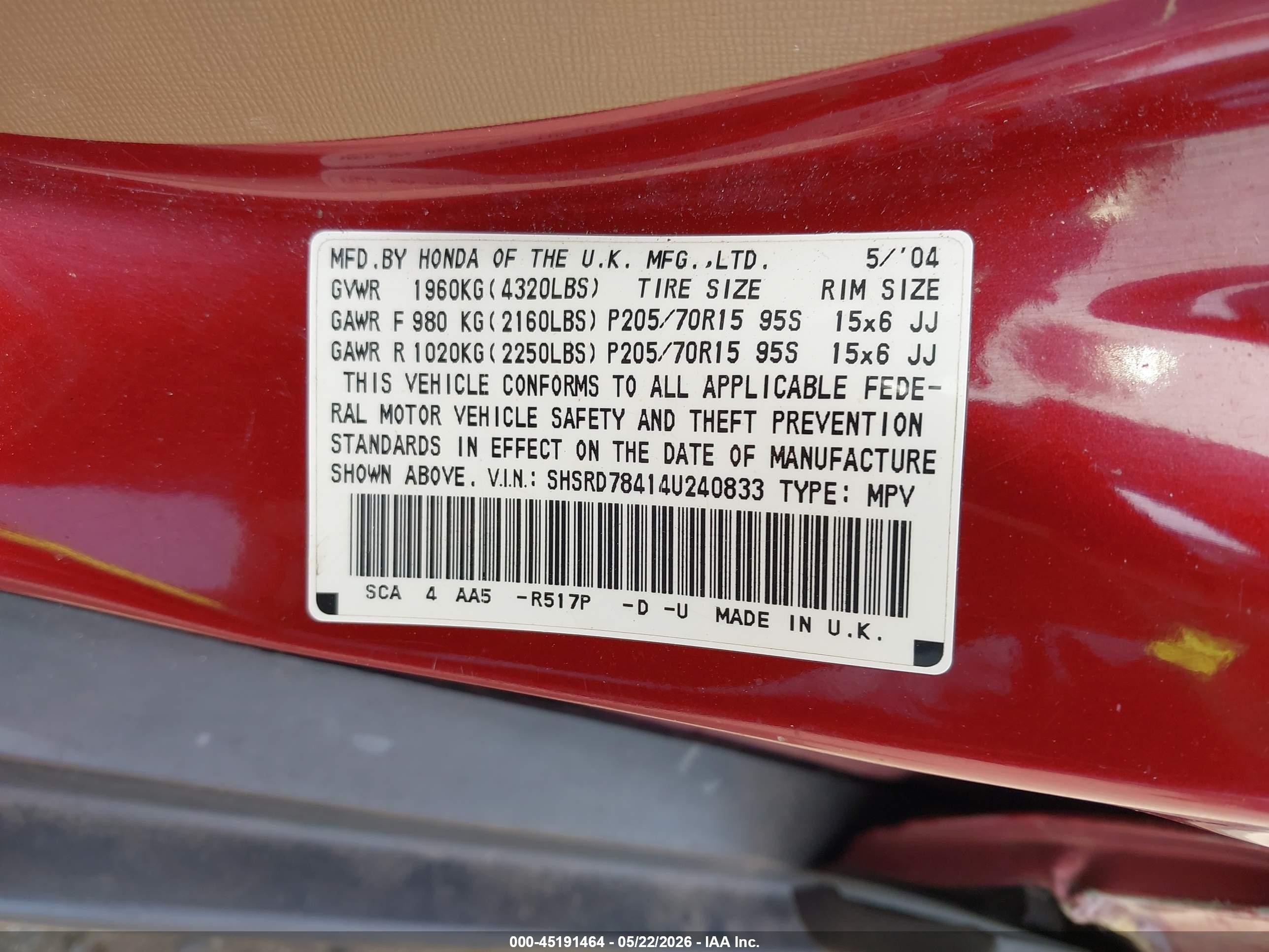 2004 Honda Cr-v Lx Red vin: SHSRD78414U240833