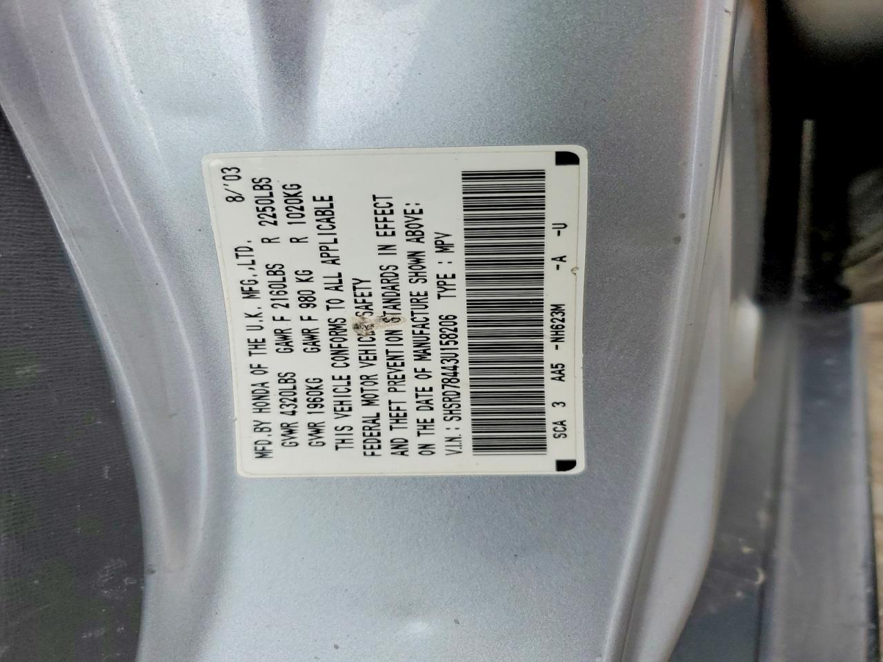 2003 Honda Cr-v Lx Silver vin: SHSRD78443U158206