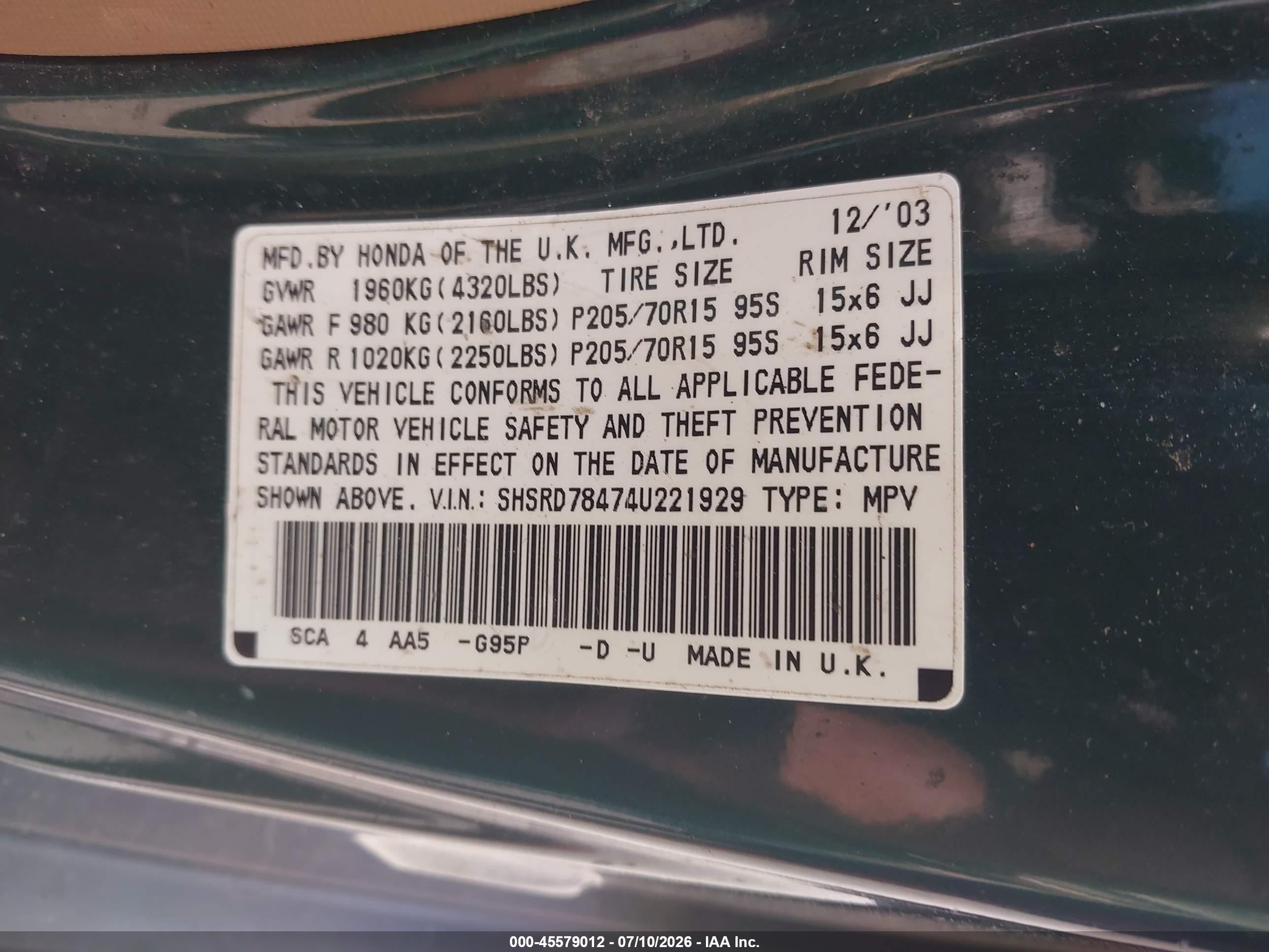 2004 Honda Cr-v Lx Green vin: SHSRD78474U221929