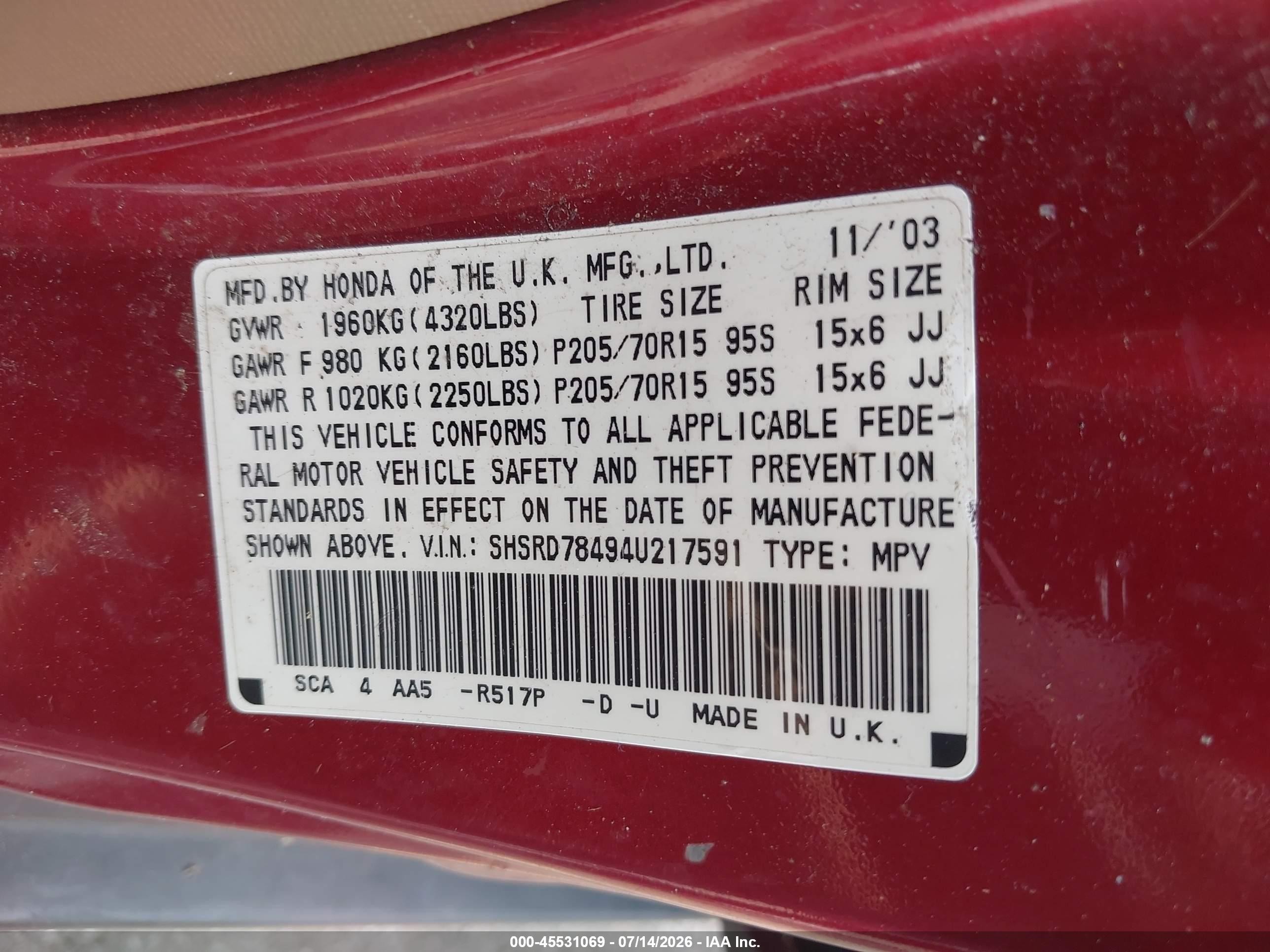 2004 Honda Cr-v Lx Burgundy vin: SHSRD78494U217591