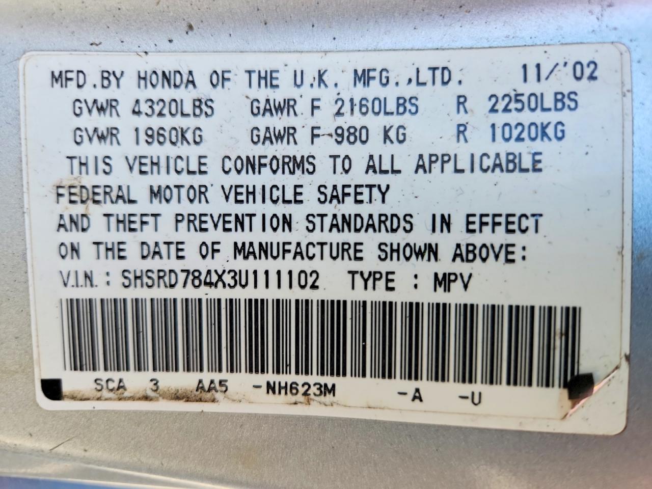 2003 Honda Cr-v Lx Silver vin: SHSRD784X3U111102