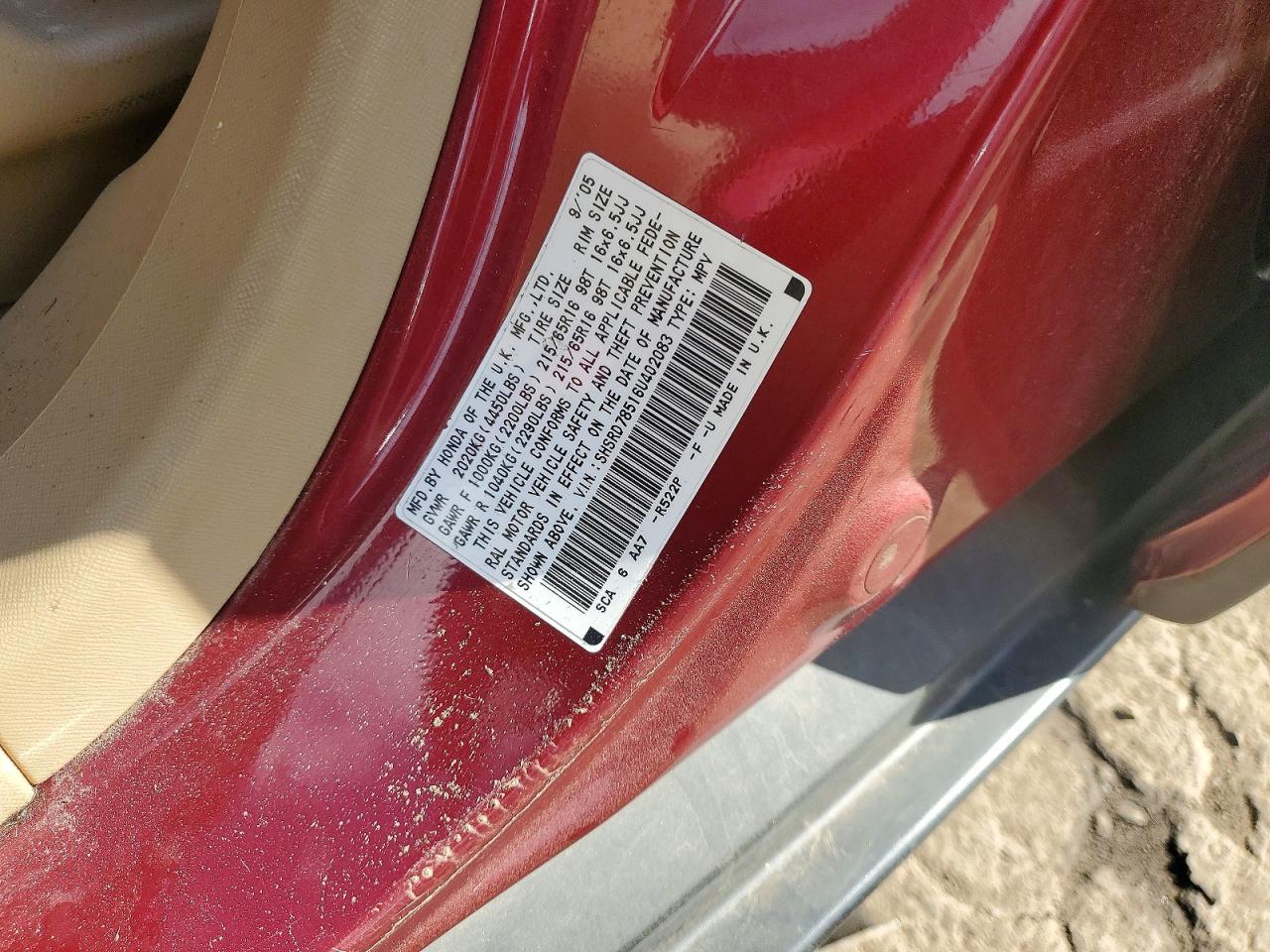 2006 Honda Cr-v Lx Burgundy vin: SHSRD78516U402083