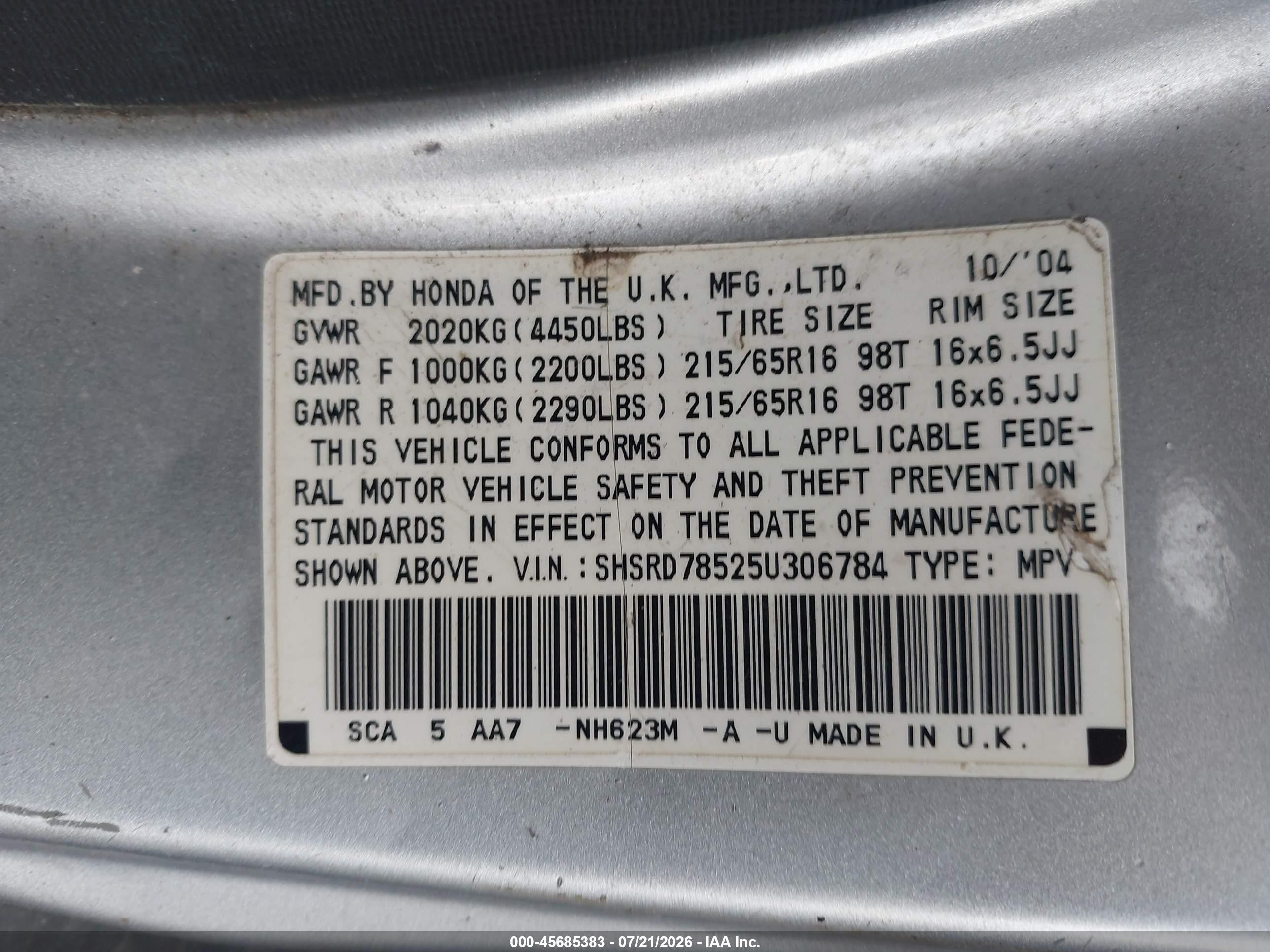 2005 Honda Cr-v Lx Silver vin: SHSRD78525U306784