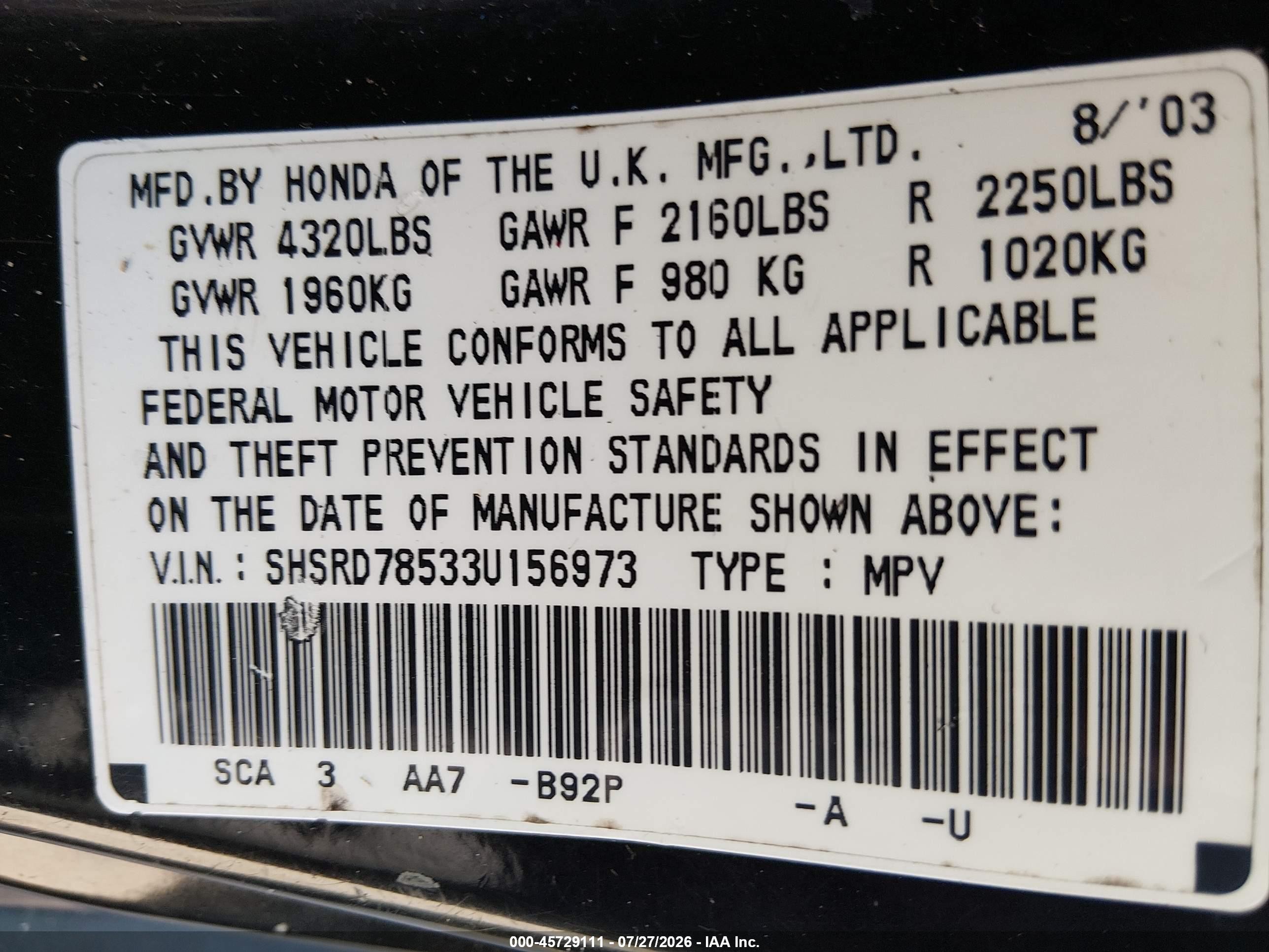 2003 Honda Cr-v Lx Gray vin: SHSRD78533U156973