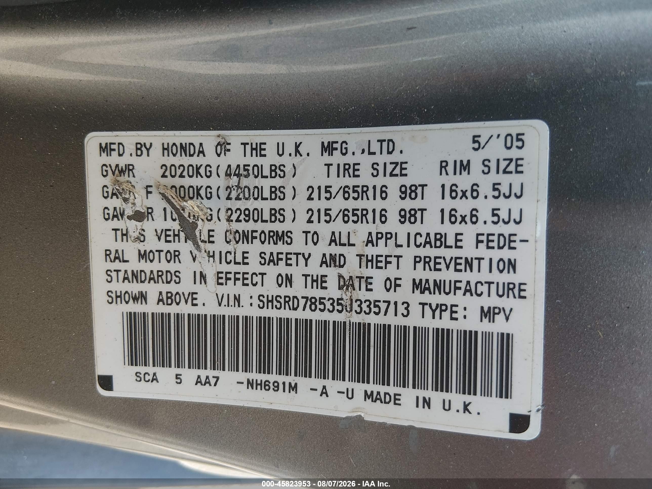2005 Honda Cr-v Lx Silver vin: SHSRD78535U335713