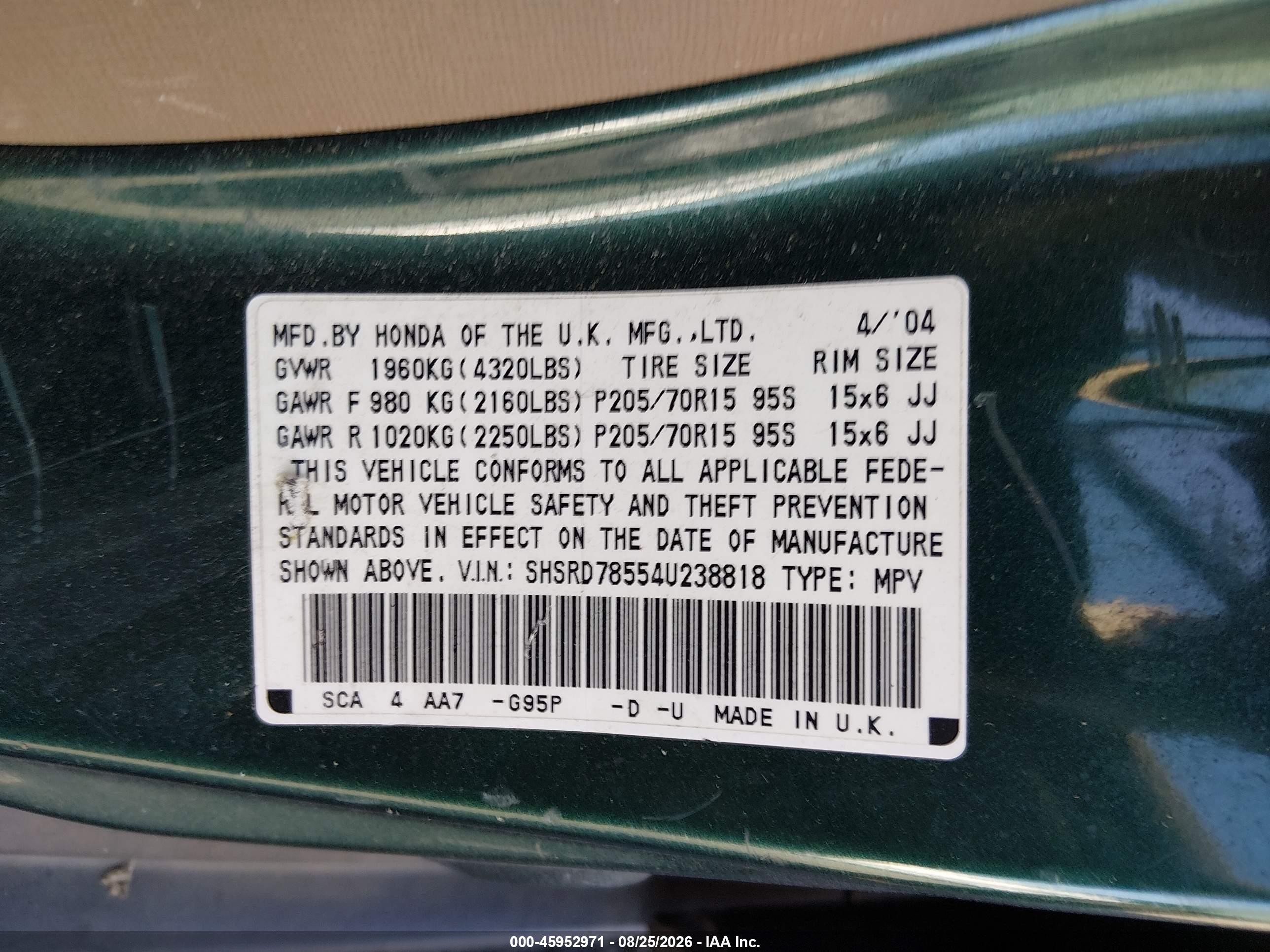2004 Honda Cr-v Lx Green vin: SHSRD78554U238818