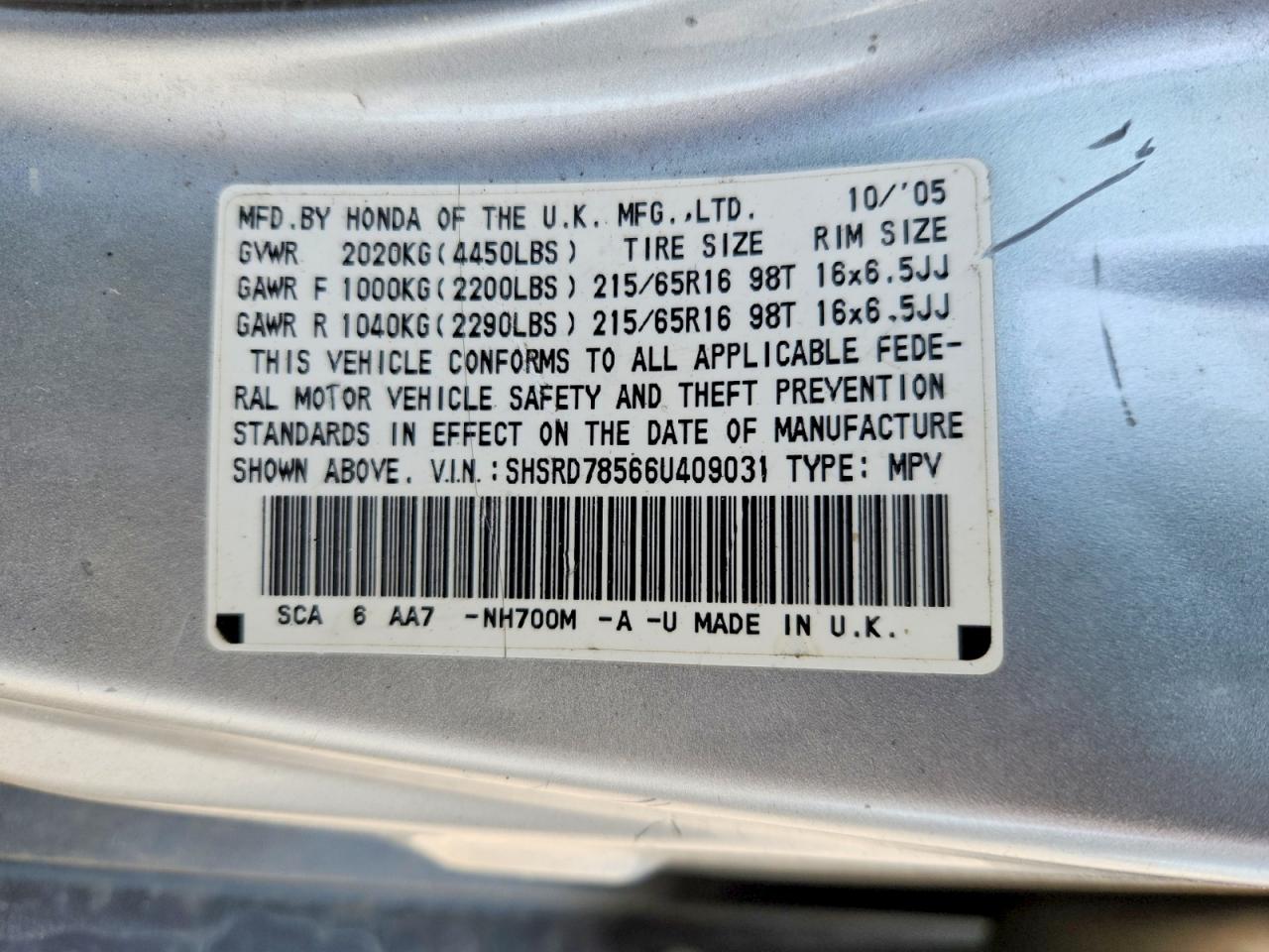 2006 Honda Cr-v Lx Silver vin: SHSRD78566U409031