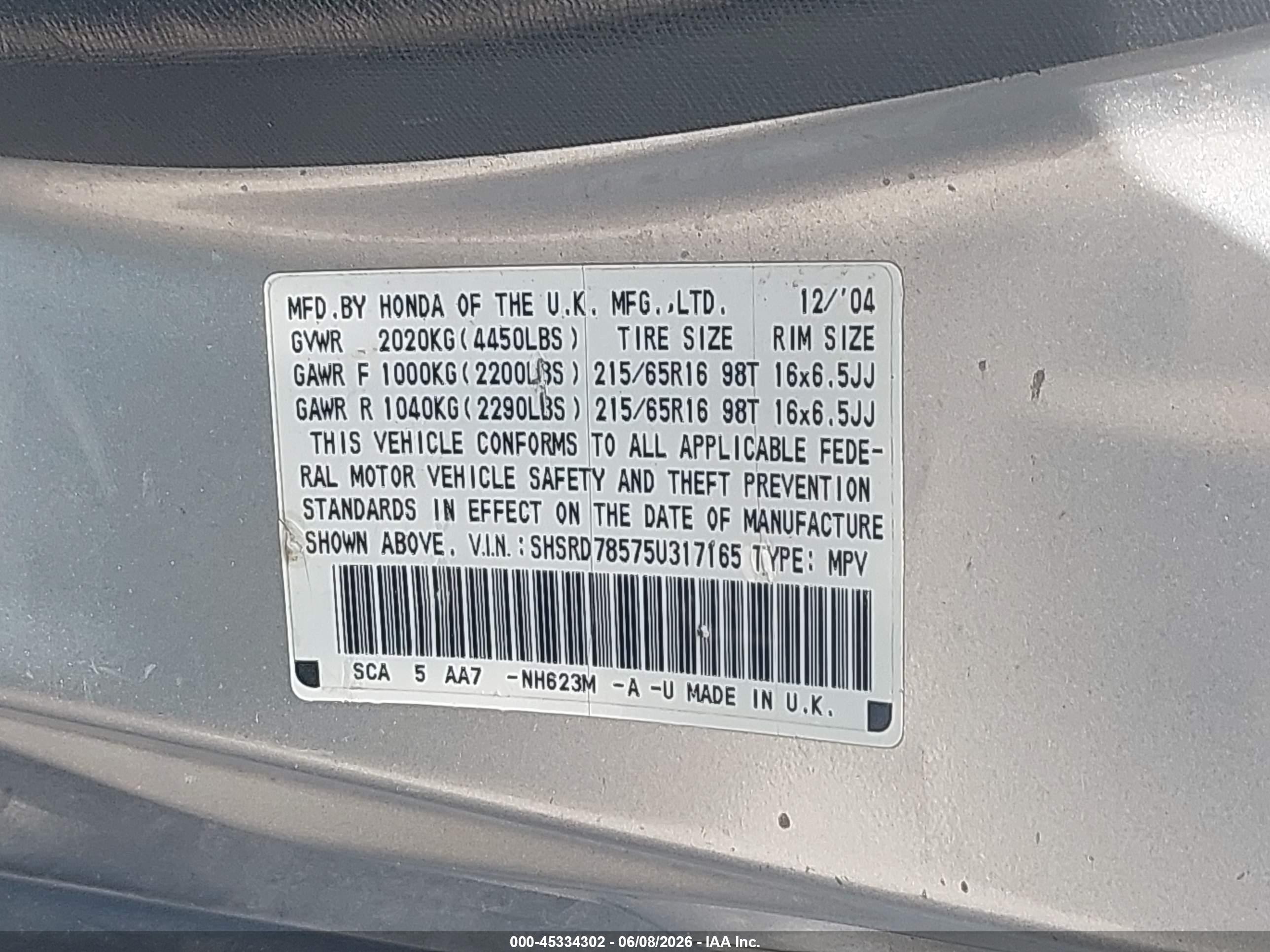 2005 Honda Cr-v Lx Silver vin: SHSRD78575U317165