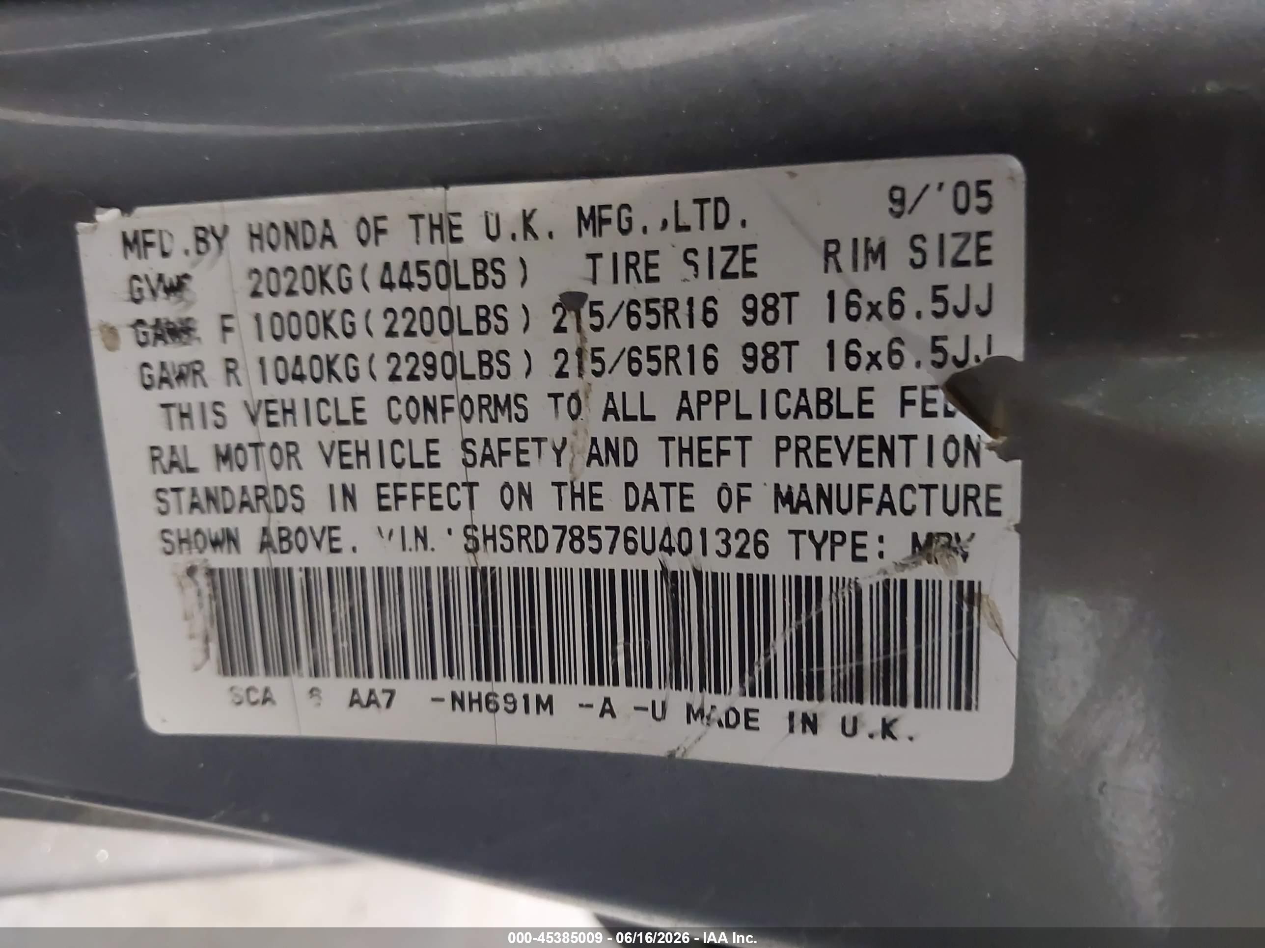 2006 Honda Cr-v Lx Yellow vin: SHSRD78576U401326