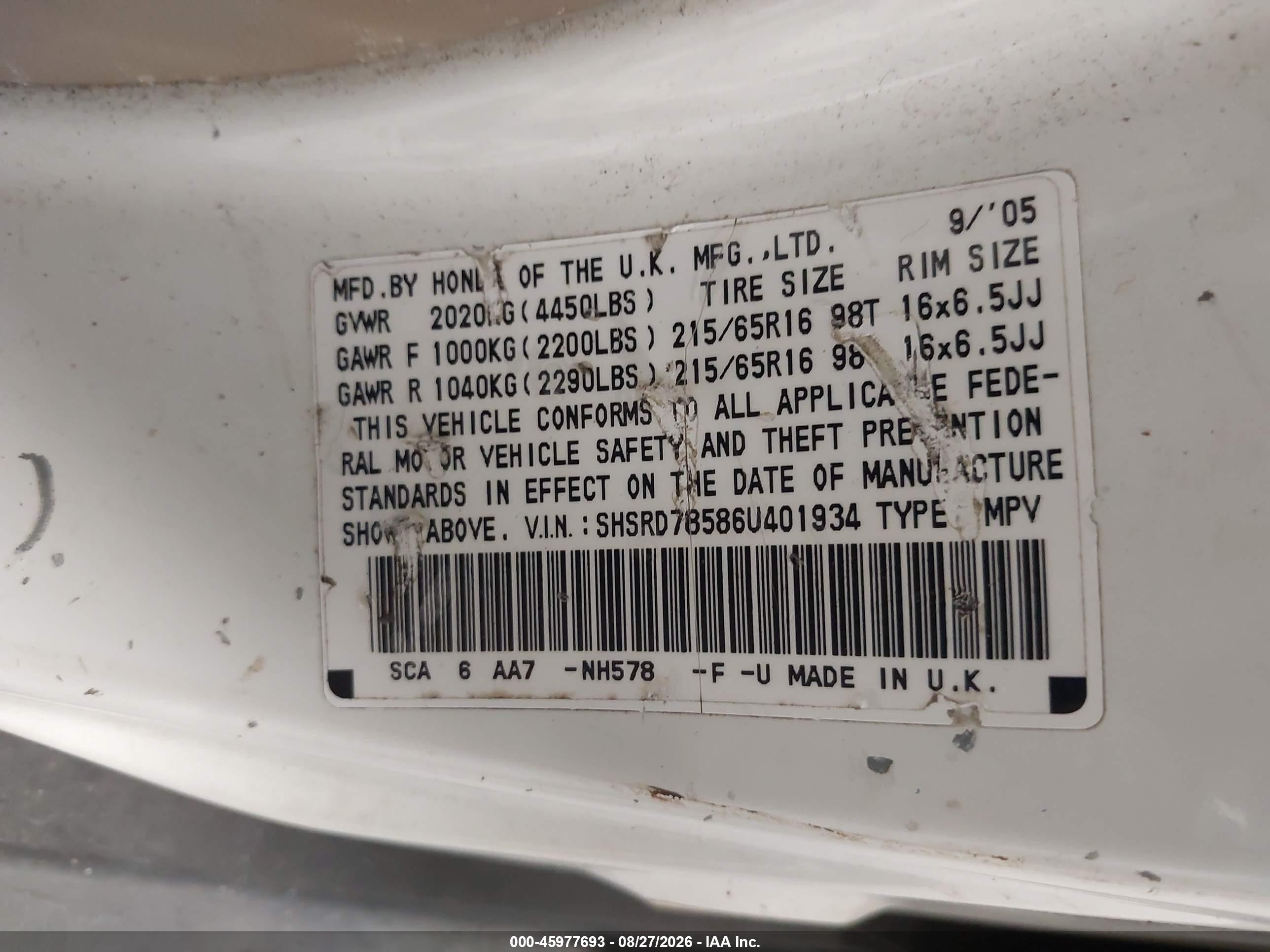 2006 Honda Cr-v Lx White vin: SHSRD78586U401934