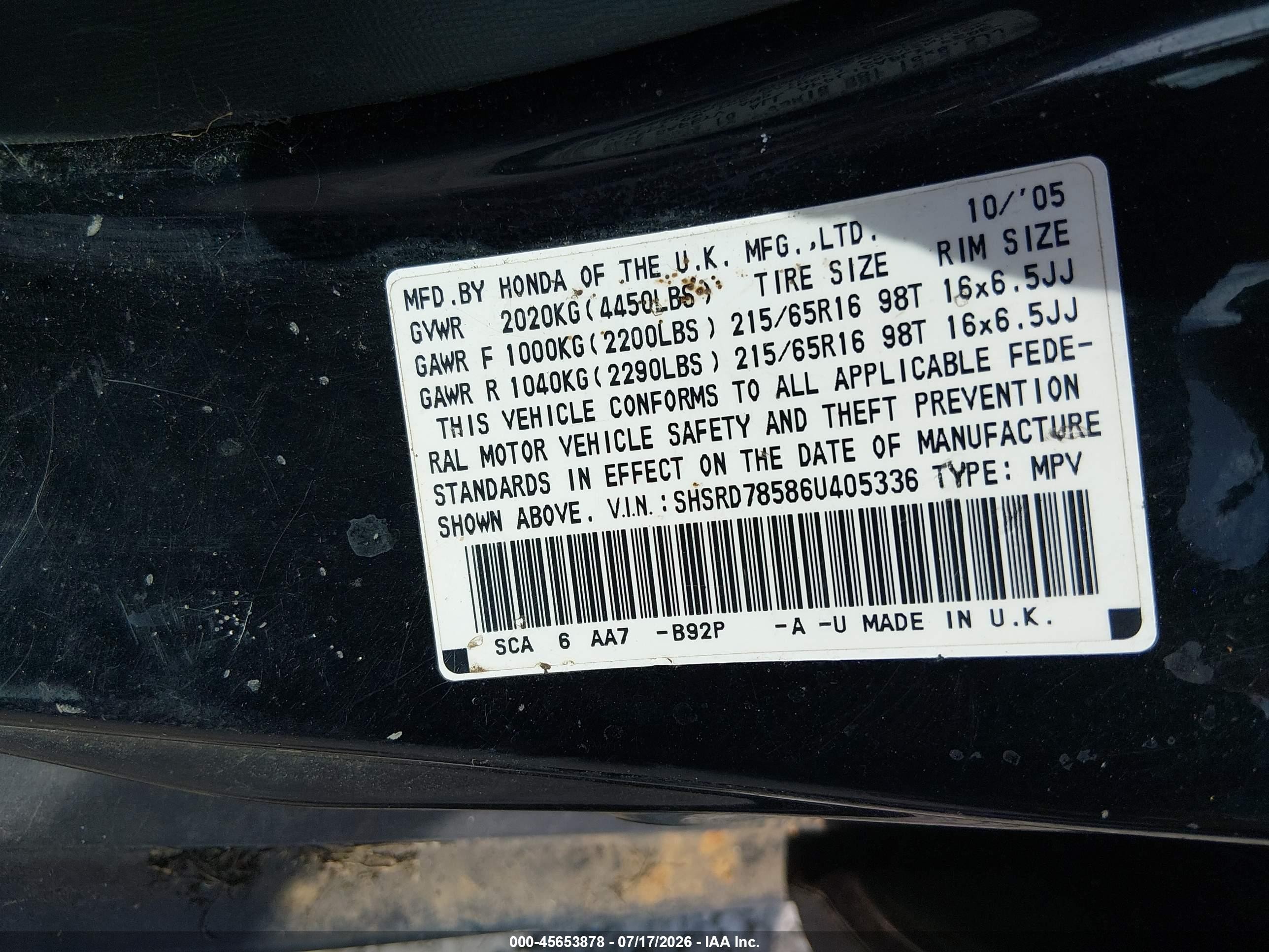 2006 Honda Cr-v Lx Black vin: SHSRD78586U405336